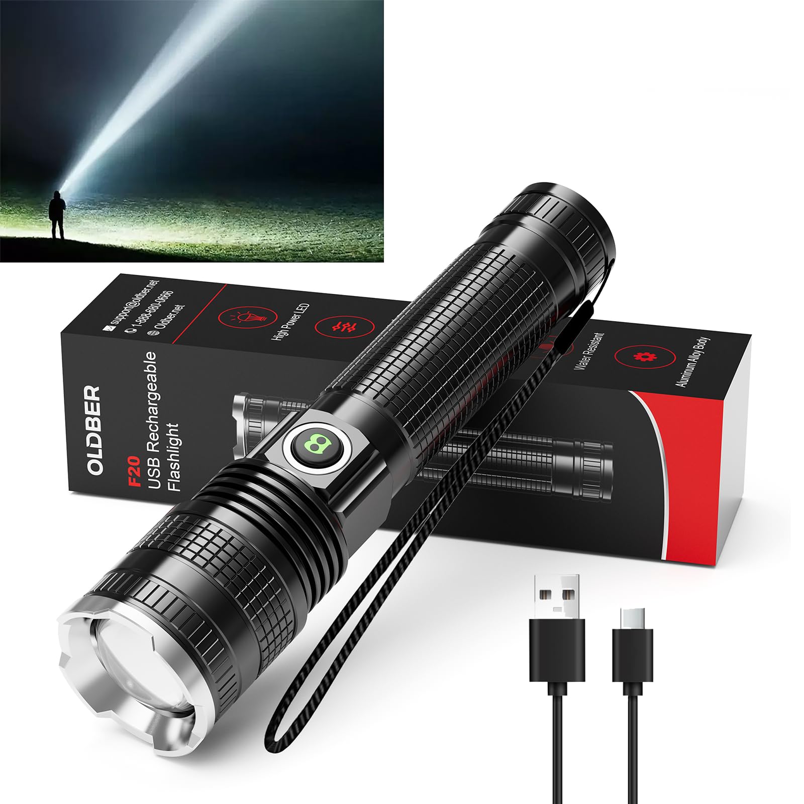 Oldber Rechargeable Led Flashlight High Lumens, Super Bright Waterproof Handheld Torch Flash Lights For Camping Home Emergency Work, Battery Powered Usb-C Portable Flash Light With 5 Modes