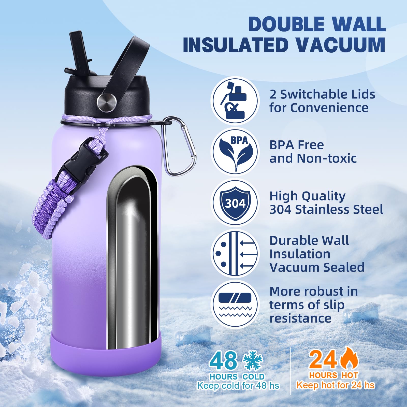 Insulated Water Bottle, 32 Oz Stainless Steel Wide Mouth Water Bottles With 2 Leak Proof Lid