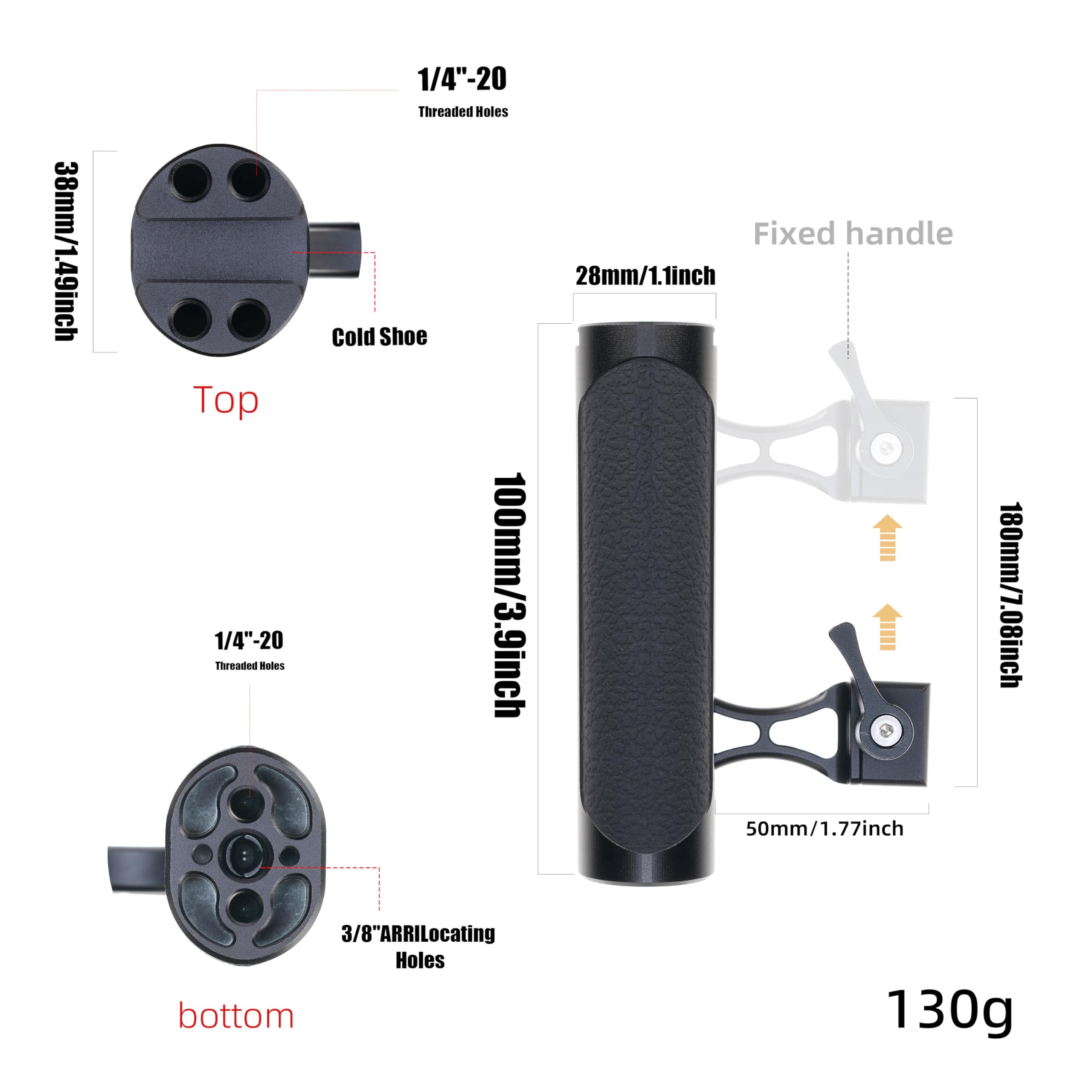 Focusfoto Nato Clamp Side Handle Grip, Left Or Right Handgrip With 1/4"-20 Screw & Cold Shoe Mount Universal For Nato Rail Camera Cage Led Light Microphone Video Stabilizer Rig (Height Adjustable)