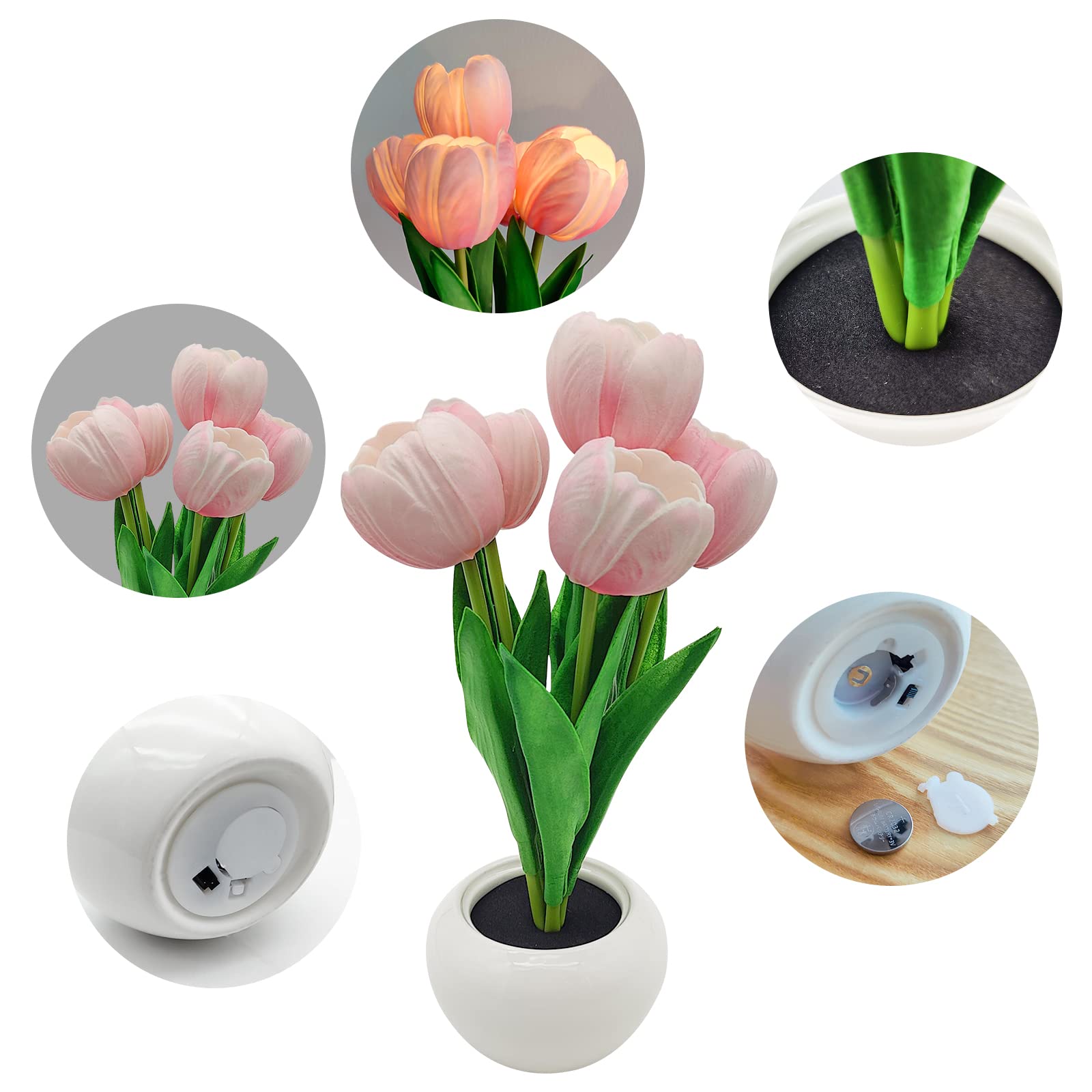 Goutool Flower Table Lamp Tulip Desk Led Night Light For Home Living Room Decor Artificial Flower With Vase Table Centerpieces For Birthday Holiday Party Wedding Room Decoration (Pink)…