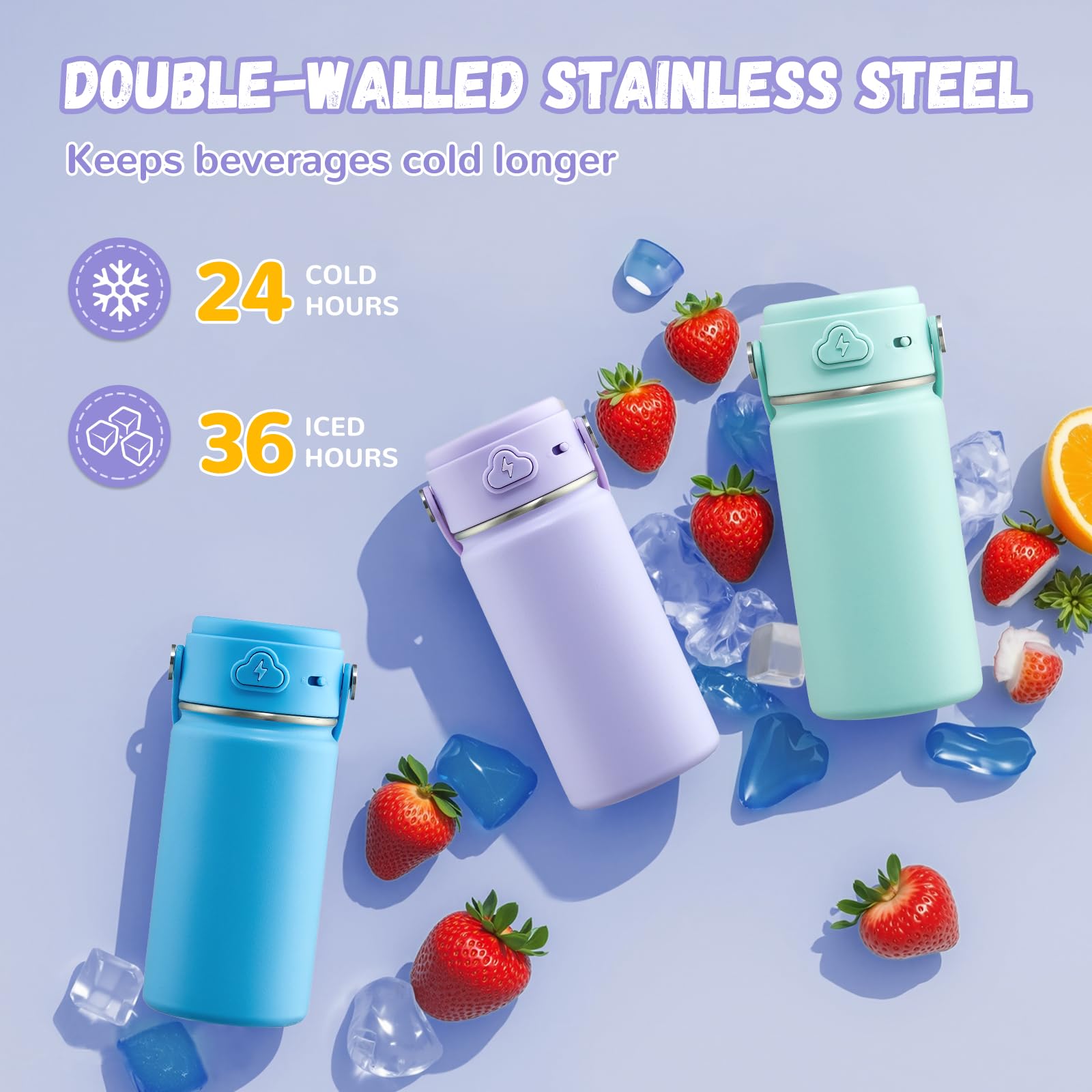 Coktik Kids Water Bottle With Straw, 14Oz Insulated Stainless Steel Tumbler, Leak-Proof Locking Lid