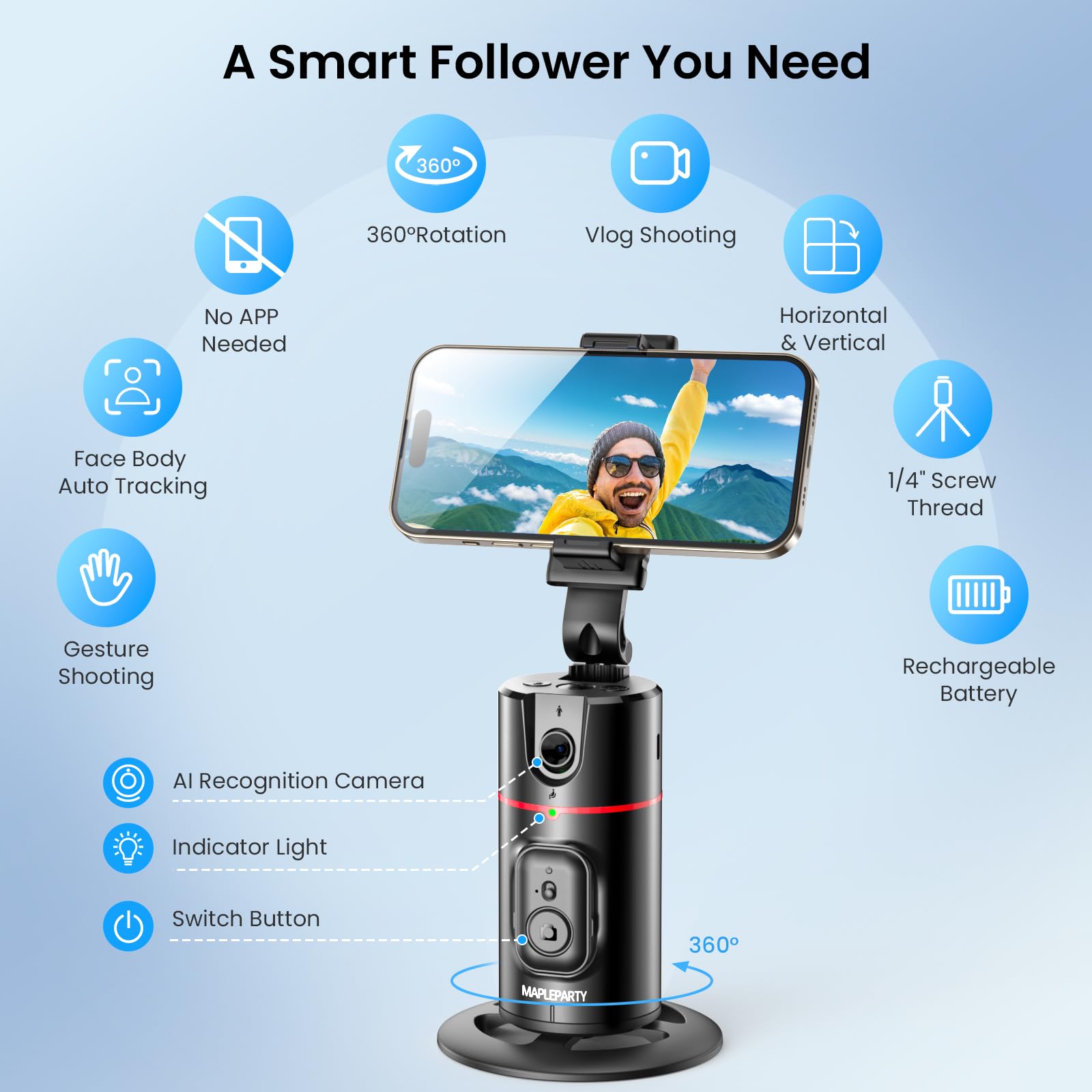 Mapleparty Auto Face Tracking Phone Holder, 360°Rotation Motion Sensor Track Moving Tripod For Iphone With Remote, No App,Gesture Control, Smart Face Body Phone Mount For Live Vlog Streaming Video,Black