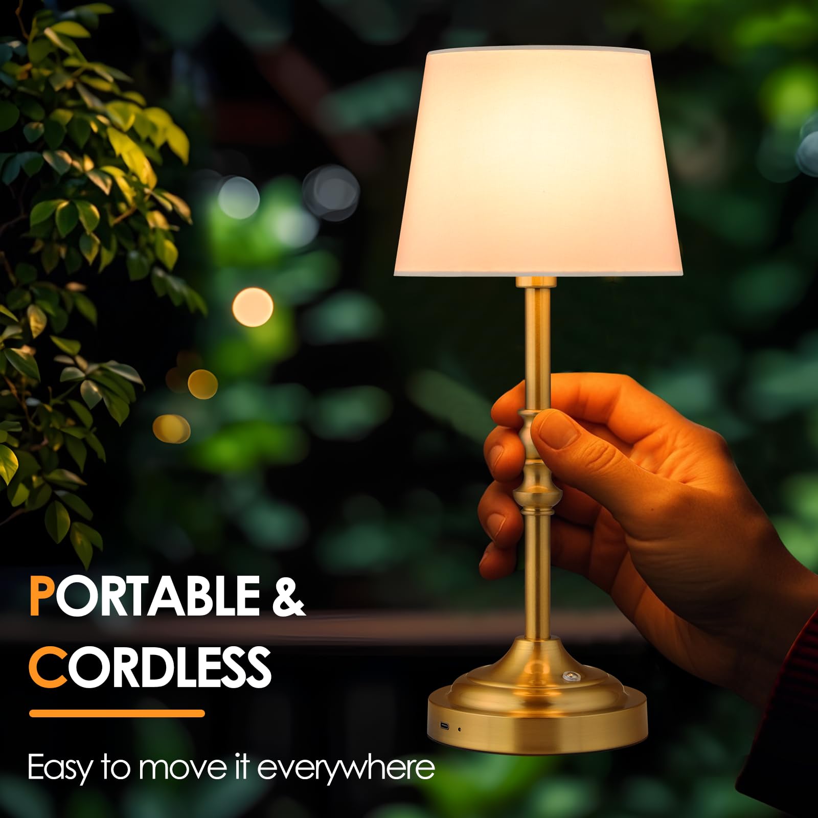 Ggoying Cordless Led Table Lamp, Rechargeable Battery Desk Lamp, Dimmer With 4-Level Brightness, Portable White Fabric Shade Bedside Night Light For Bedroom, Patio, Dining (Bronze)