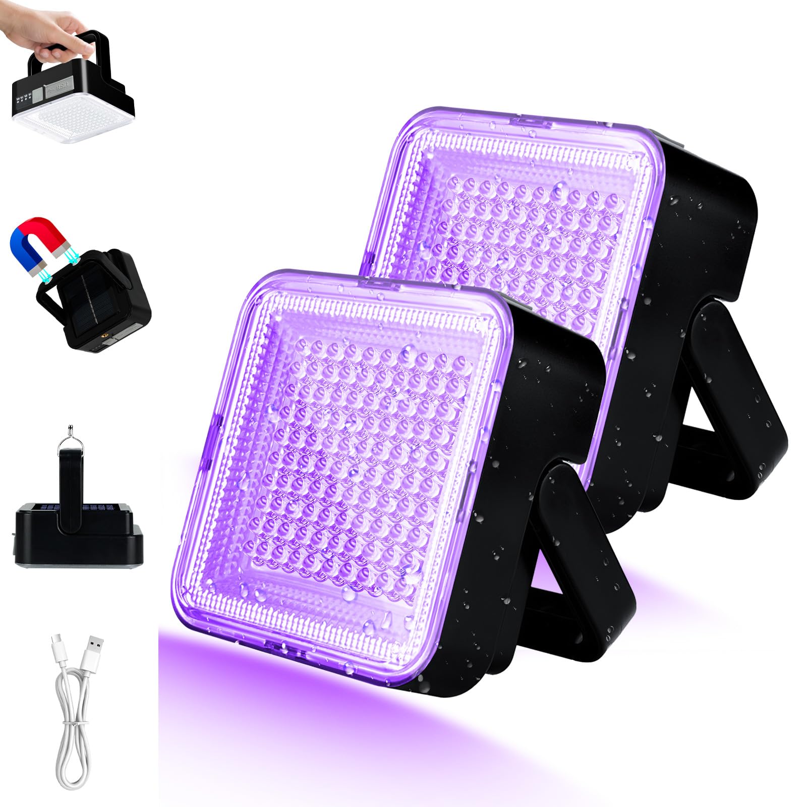 Benss 2 Pack Rechargeable Black Light, 60W 5000 Mah Dimmable Uv Black Light, 100 Led 395 Nm Ultraviolet Blacklight, For Dog Cat Pet Urine Stains Detection, Bed Bug, Scorpions, Bedroom, Camping, Outdoor