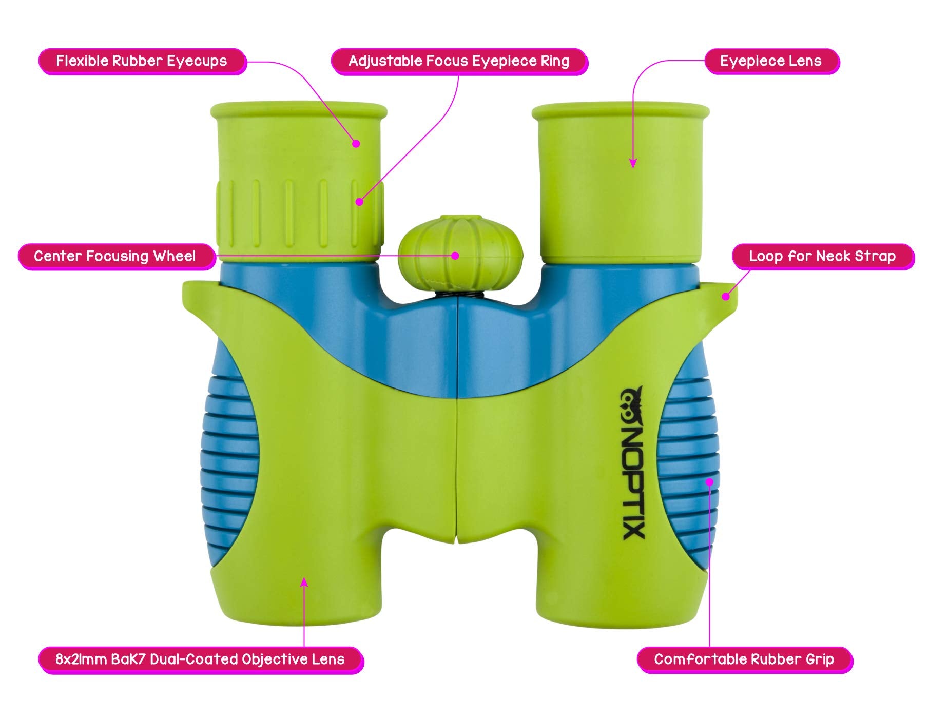 Noptix Binoculars For Kids, Girls Or Boys Real Kids Binoculars In Vibrant Green Blue - Includes Sticker Book With 40 Bird Species - Kids Toys Small Binoculars, Toddler Binoculars