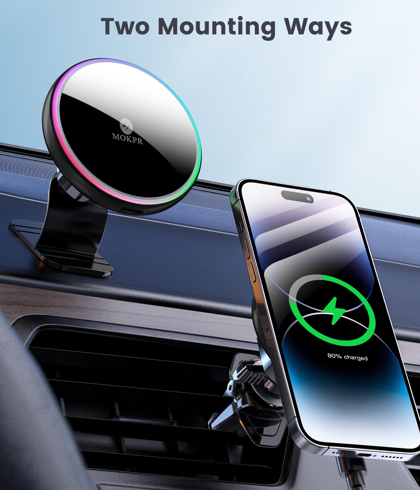 Mokpr For Magsafe Car Mount Charger-15W Wireless Car Charger-Magnetic Car Phone Holder For Dash Air Vent-Led Rgb Hands Car Mount Fast Car Charger For Iphone 14/13/12 Series