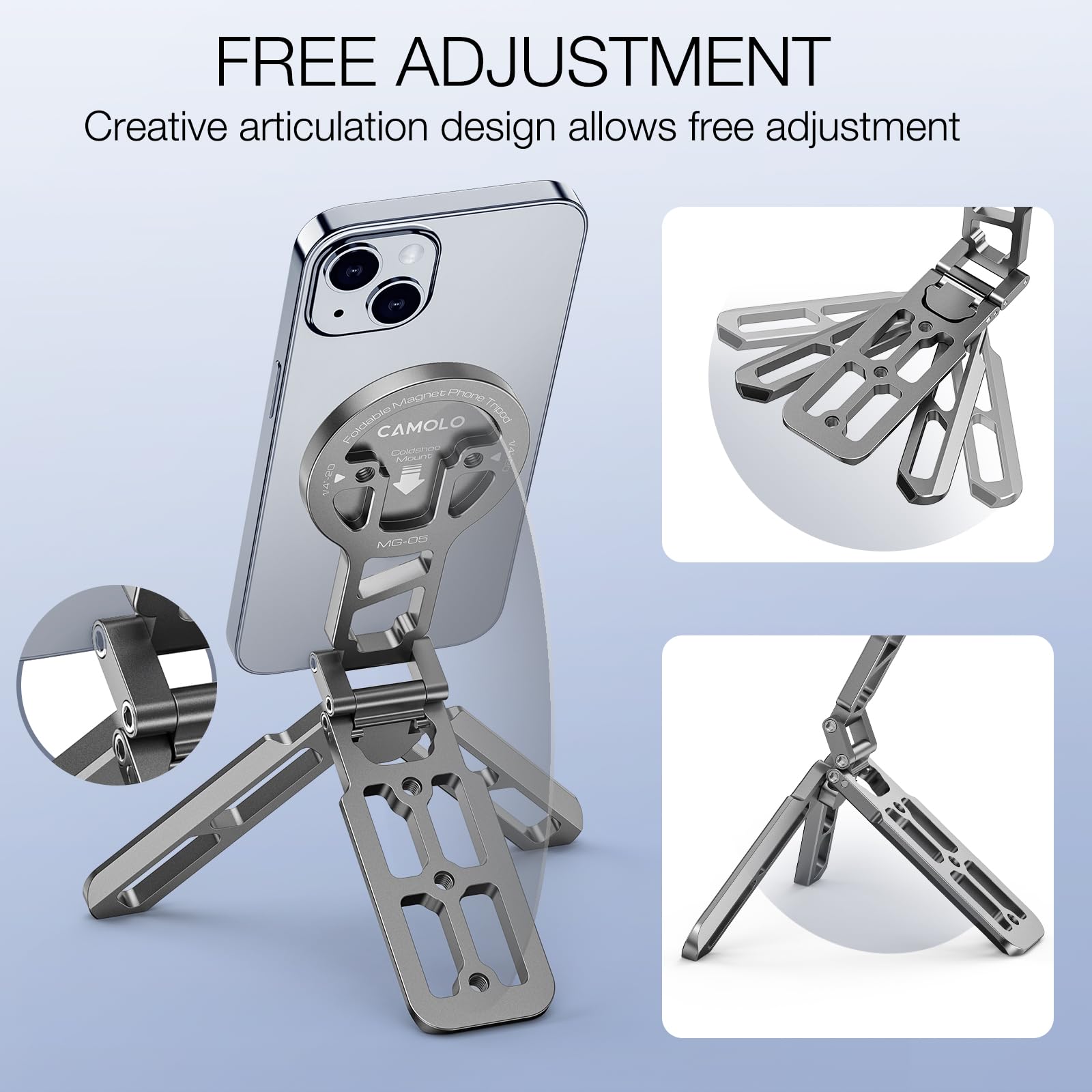 Camolo Geek Magnetic Pocket Phone Tripod Foldable Compatible With Magsafe For Iphone 15/14/13/12 Plus Pro Max Series, Mini Cell Phone Tripod Mount Handle Smartphone Desk Stand Travel All In One