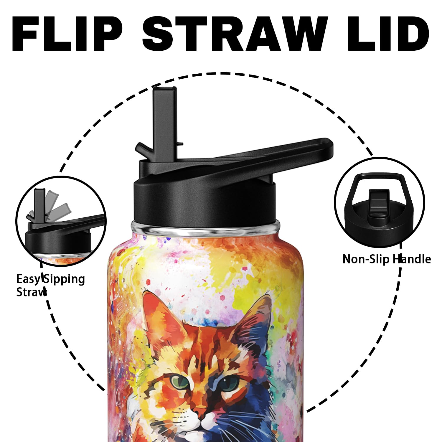 Cat Water Bottle 32Oz Vacuum Insulated Funny Water Bottles Thermos With Straw Lid