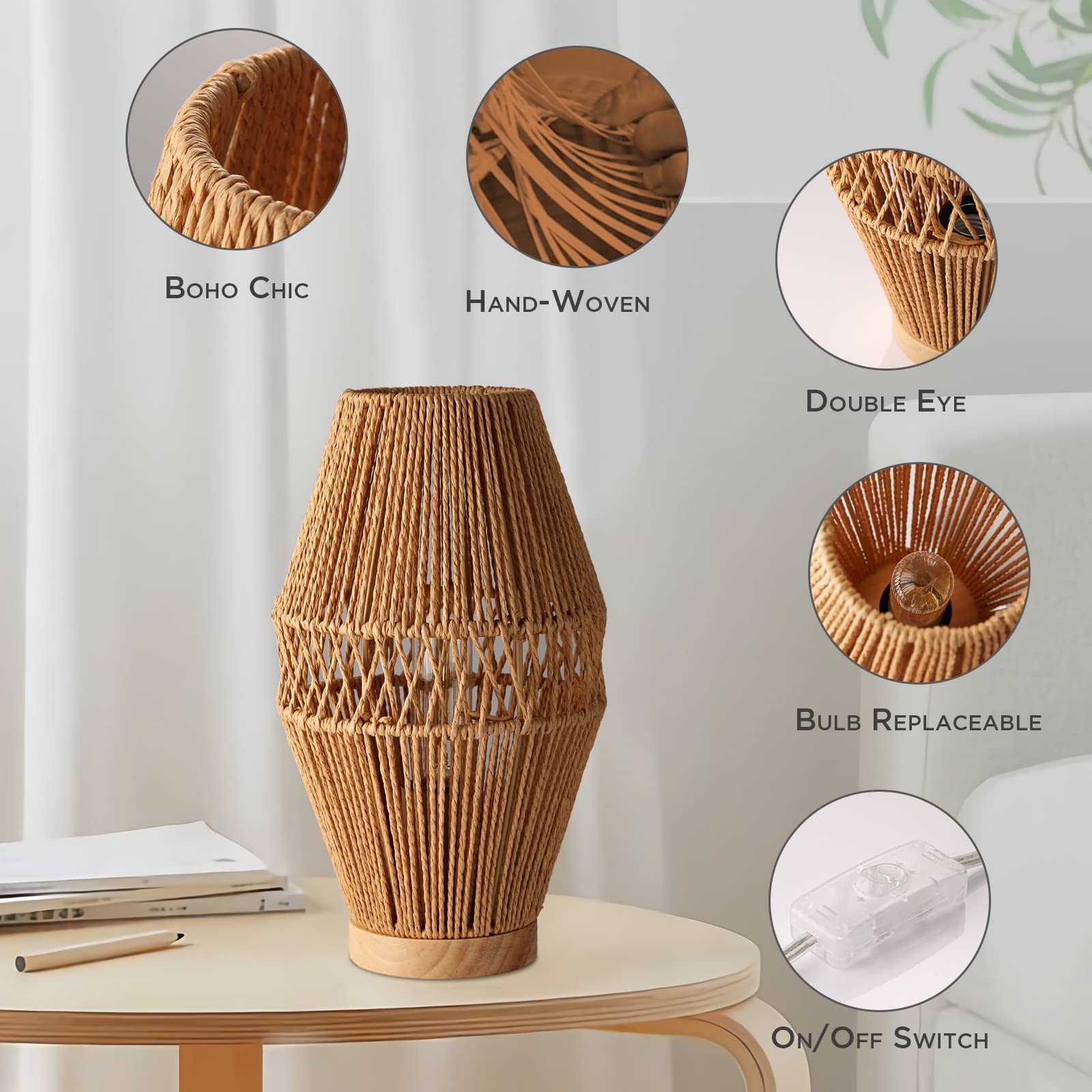 Legelite Boho Rattan Table Lamps, Handmade Woven Bedside Lamp, Small Desktop Nightstand Lamp For Kids Room,Living Romm,Bedroom,Dorm Decor (2 Pack)