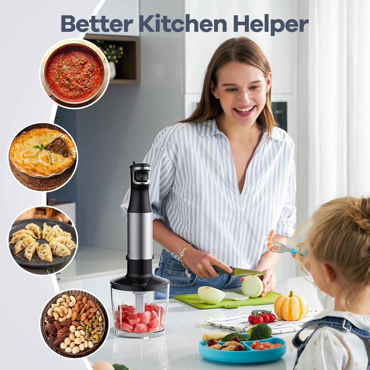 Uniqus Hadlook Immersion Blender With Chopper, Whisk And Frother Handheld 5-In-1 Immersion Blender 1100W For Soup, Baby Food And Smoothies