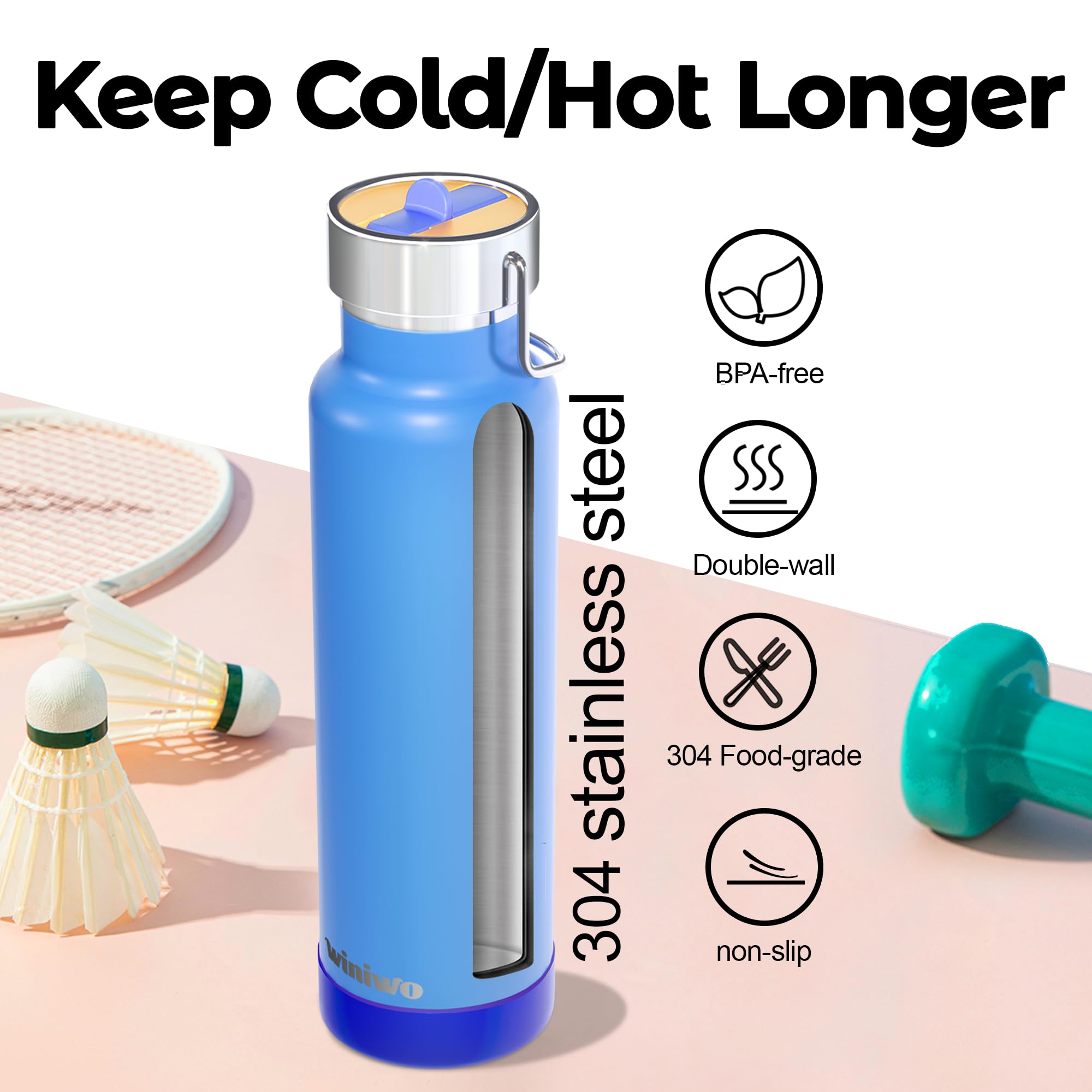 24 Oz Insulated Slim Water Bottle With Flip Straw And Handle, Stainless Steel Water Bottles
