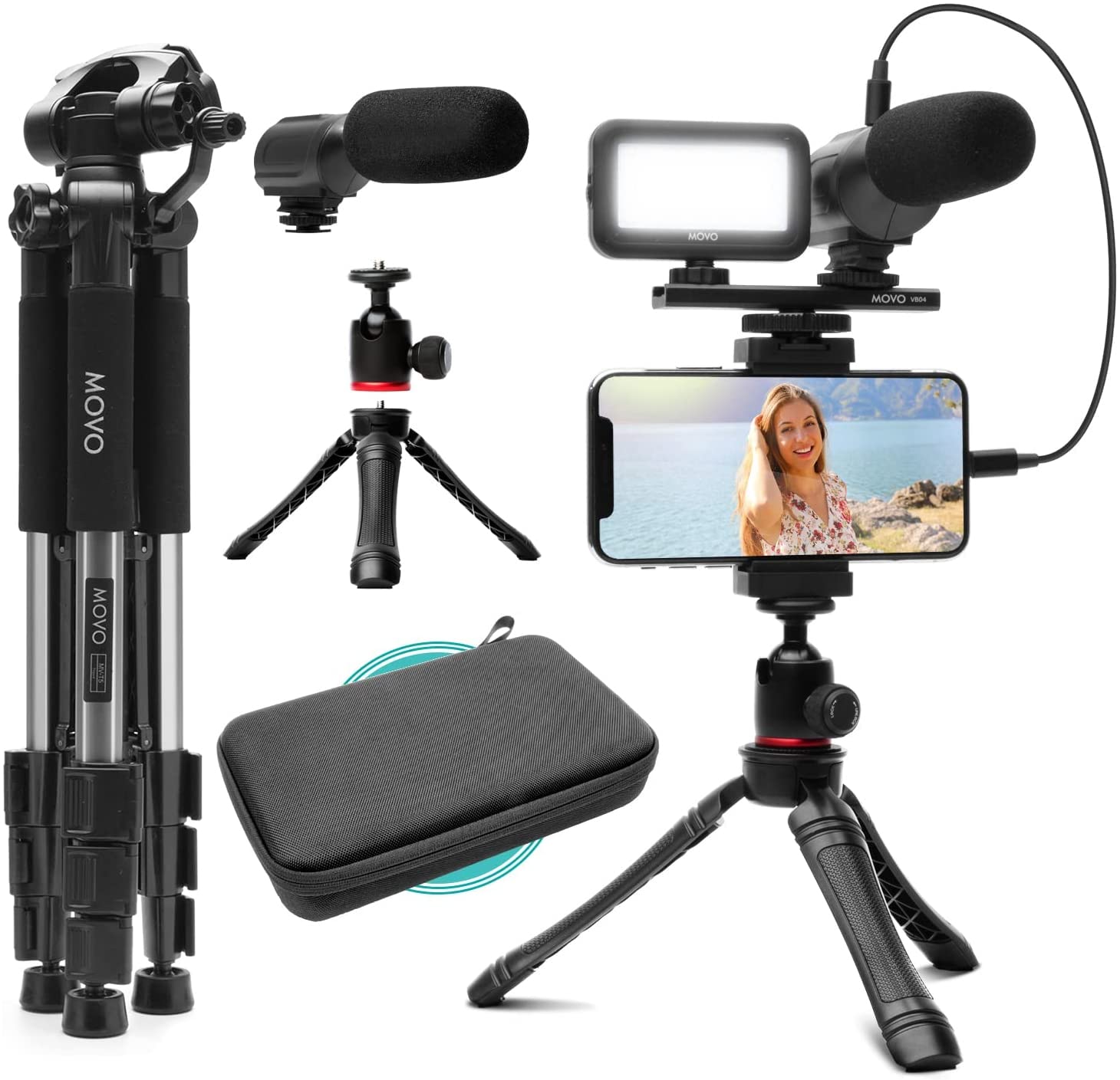 Movo Ivlogger Iphone/Android Compatible Vlogging Kit With Fullsize Tripod - Phone Video Kit Accessories: Tripods, Phone Mount, Led Light And Cellphone Shot Microphone For Phone Video Vlog Recording