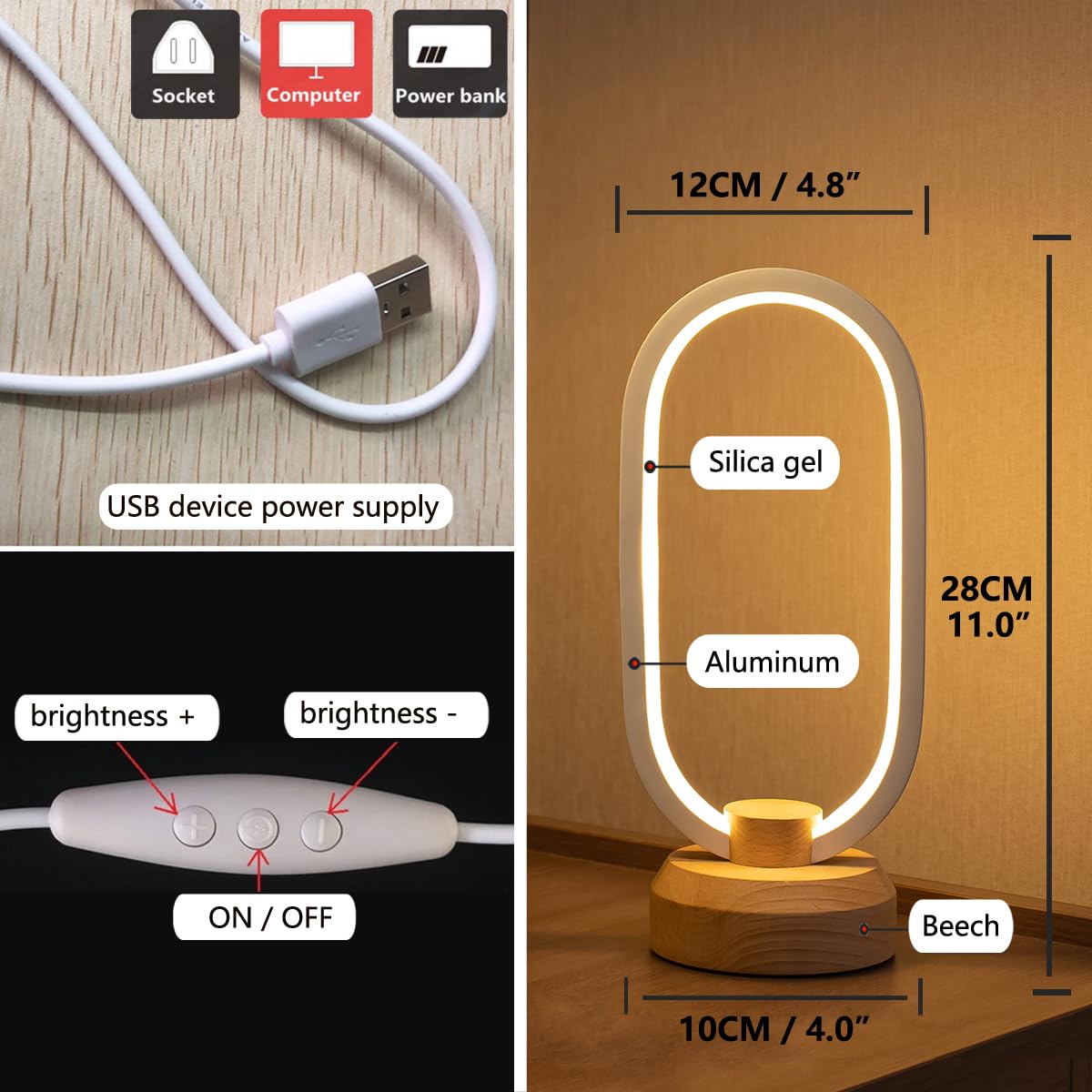 Basrae Bedside Table Lamp Bedroom Modern Oval Nightstand Lamps,Small Led Table Light,Warm White 3 Color Temperatures,Dimmable Lights With Usb Cable,For Home Adult Kids Living Room Lounge Deco Lighting