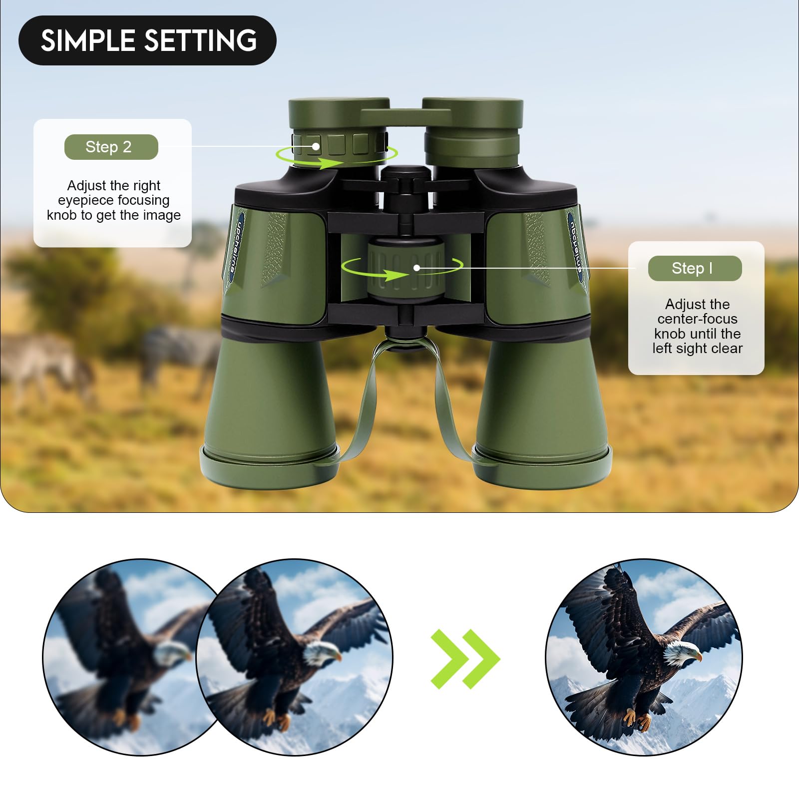 Upcheirna 20X50 High Zoom Adult Binoculars High Power With Phone Adapter, Low Light Night Vision, Lightweight & Portable For Bird Watching, Hunting, Stargazing(Green)