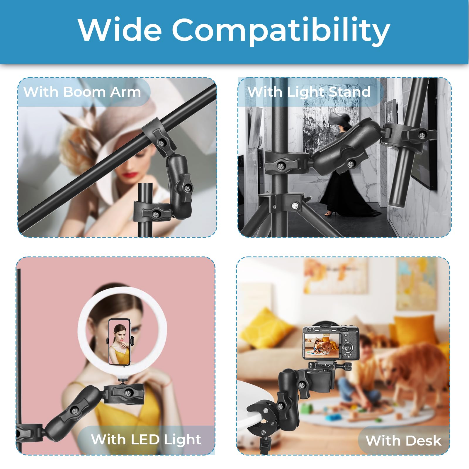 Sequpr Super Clamp Double Camera Clamp, Camera Clamp Mount With Non-Slip Head, Magic Arm Double Ball Head Adapter For Photography Light Stand, Umbrella, Selfie Stick, Reflector, Desktop, Cross Bars