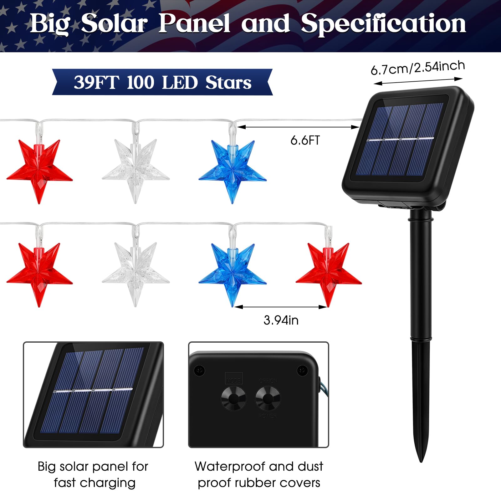 Reyeeinc Solar 4Th Of July String Lights, 100 Stars And 39.4Ft Outdoor Waterproof Red White And Blue Lights, Solar Battery Operated Fourth Of July Patriotic Lights For Golf Cart, Camping, Outside Decorations