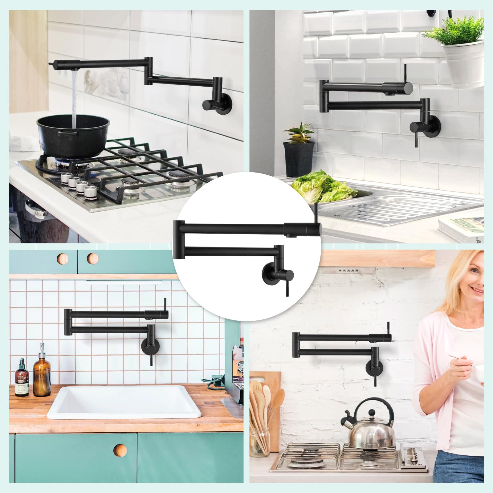Heyalan Pot Filler Faucet Wall Mount Folding Kitchen Faucet With Double Joint Swing Arm Single Hole 2 Handles Commercial Npt Stainless Steel Separated Male Thread,24 Inch,Matte Black