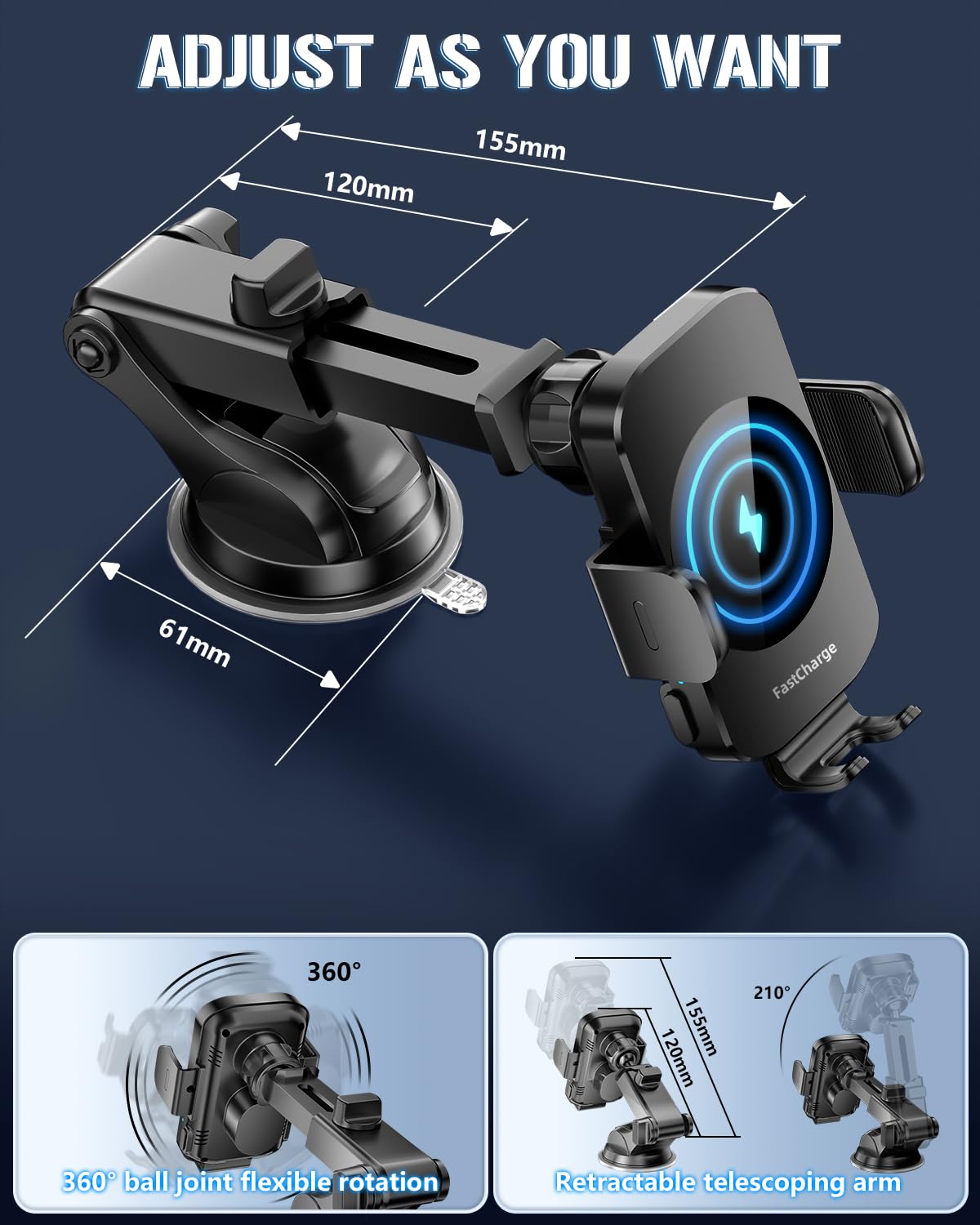 Bothlin Wireless Car Charger, Fast Charging Phone Holder 3 In 1 Phone Mount Auto Clamping Car Accessories Compatible With Iphone 16 15 14 13 12 11 Xs Xr, Samsung S23 Ultra S22 S21 S20/S10+ S9(Midnight Black)