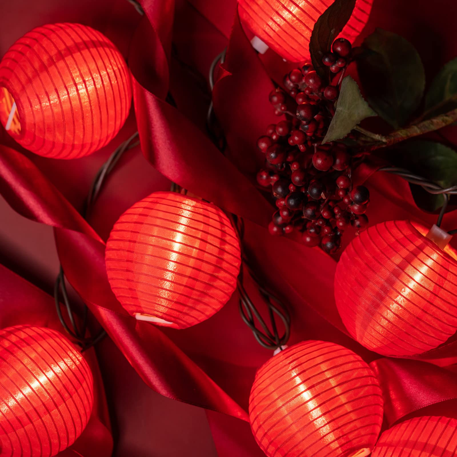Sweet Shine Red Lantern String Lights, 10 Waterproof Nylon Lanterns With 8.7' Ul Listed Plug-In Connectable String Lights (Red)