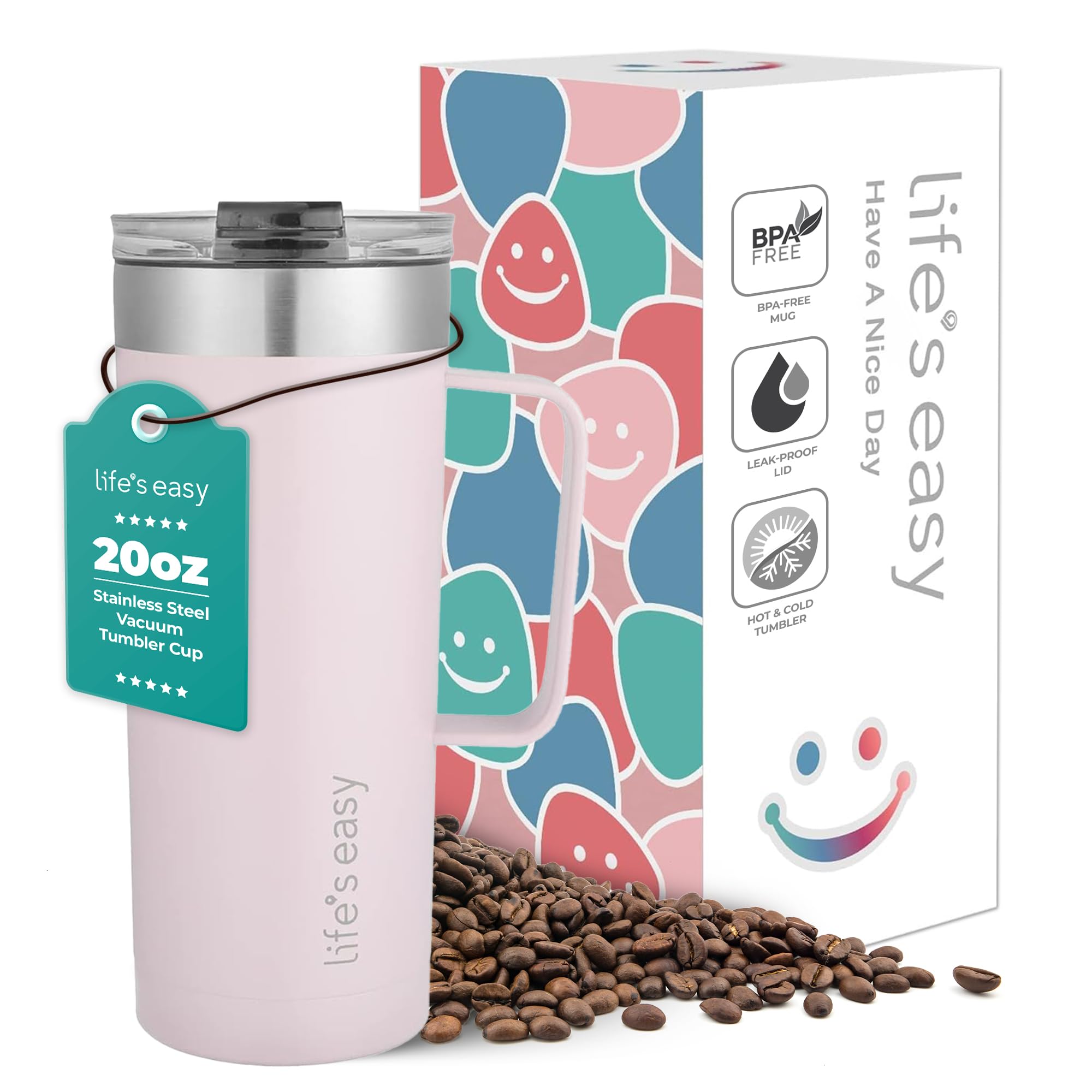 Life'S Easy 20Oz Stainless Steel Mug W/Handle - Double Wall Insulated Travel Tumbler W/Flip Lid