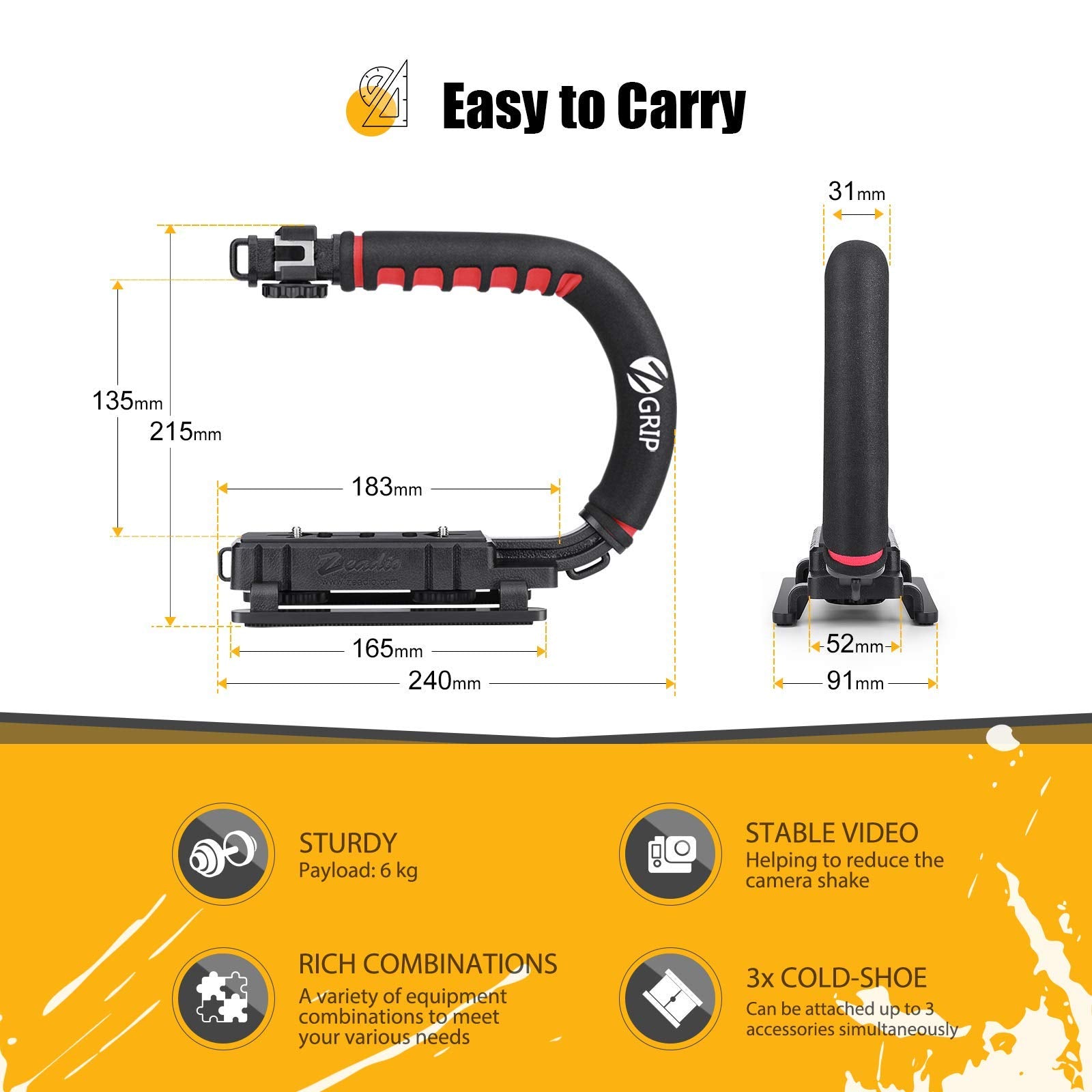 Zeadio Video Action Stabilizing Handle Grip Handheld Stabilizer With Cold-Shoe Mount For All Dslr Camera Camcorder
