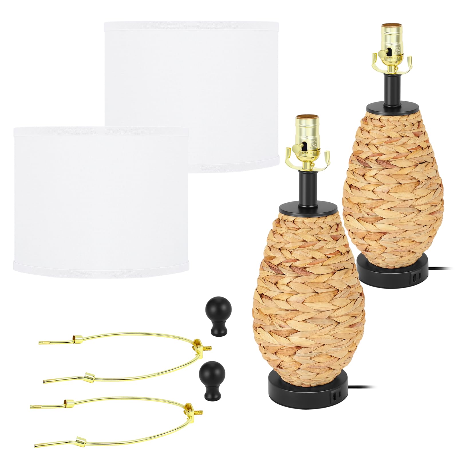 Tpamswo Coastal Table Lamps Set Of 2, Retro Natural Seagrass Rattan Woven 24" Bedside Lamp, For Bedroom Living Room Home Nightstand Table Lamp(With Usb C+A 5V 2.1A Charging Ports)