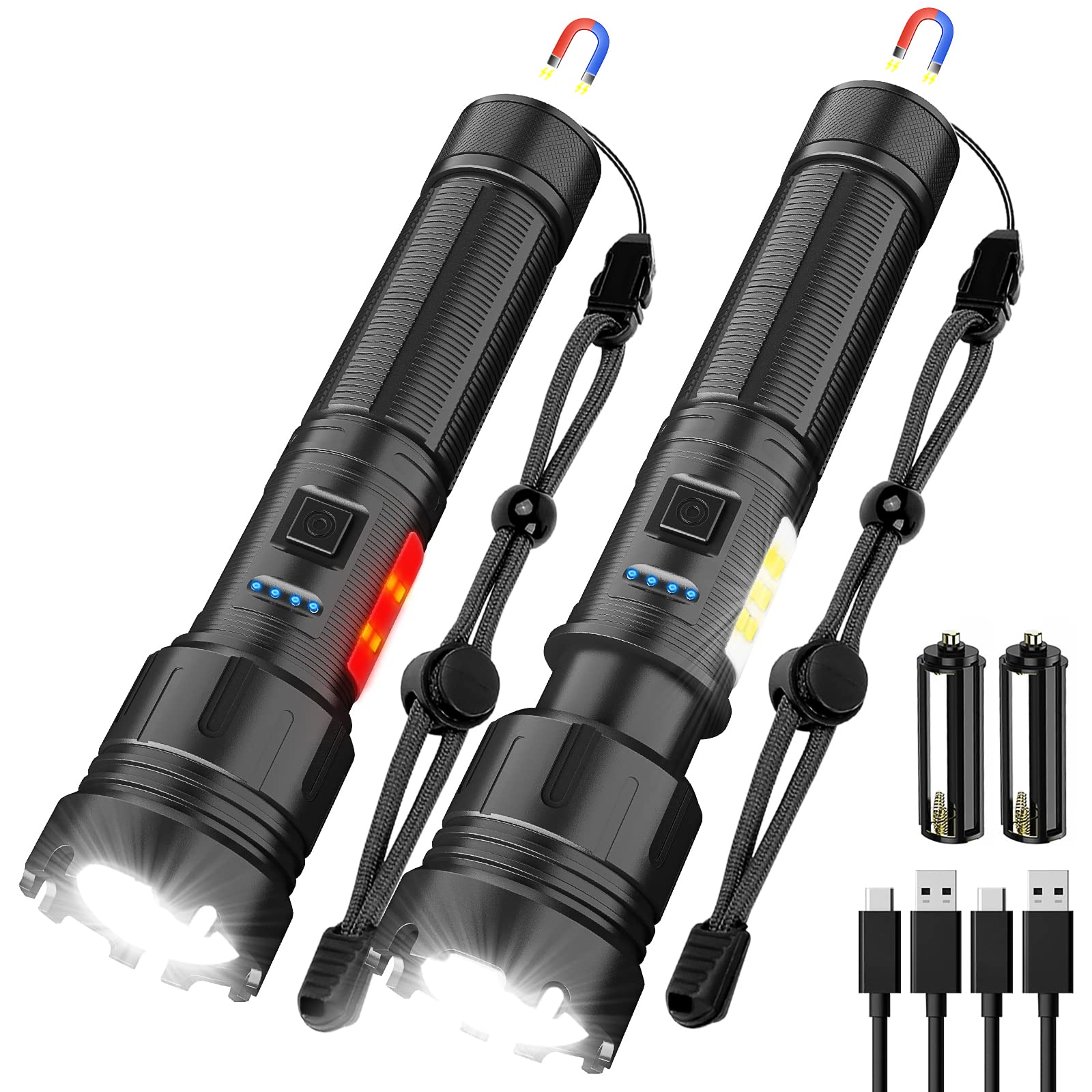 Netcan Flashlight High Lumens Rechargeable, 10000 Lumen Led Flashlights Xhp50.2 Usb Super Bright Flash Light, High Powered Handheld Magnetic Flashlights For Emergencies, 7 Modes, Waterproof, Zoomable, 2 Pack