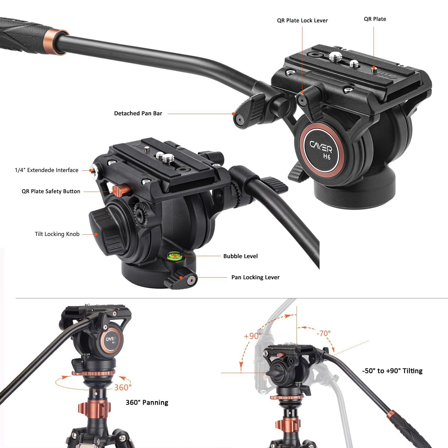Cayer Af2451 Video Tripod With Fluid Head, 74.6" Convertible Aluminum Tripod To Monopod, 13.2 Lbs Payload, Half Ball Leveling Base For Dslr Cameras And Video Recording
