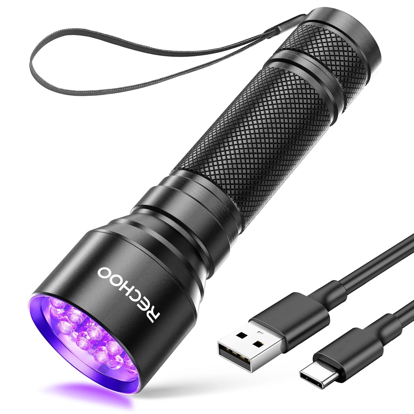 Rechoo Uv Flashlight Black Light, 21 Led 395Nm Ultraviolet Rechargeable Flashlights Uv Light, Waterproof Portable Blacklight Flashlights For Pet Urine Detection, Dry Stains, Bed Bug, Fluorescent Agent