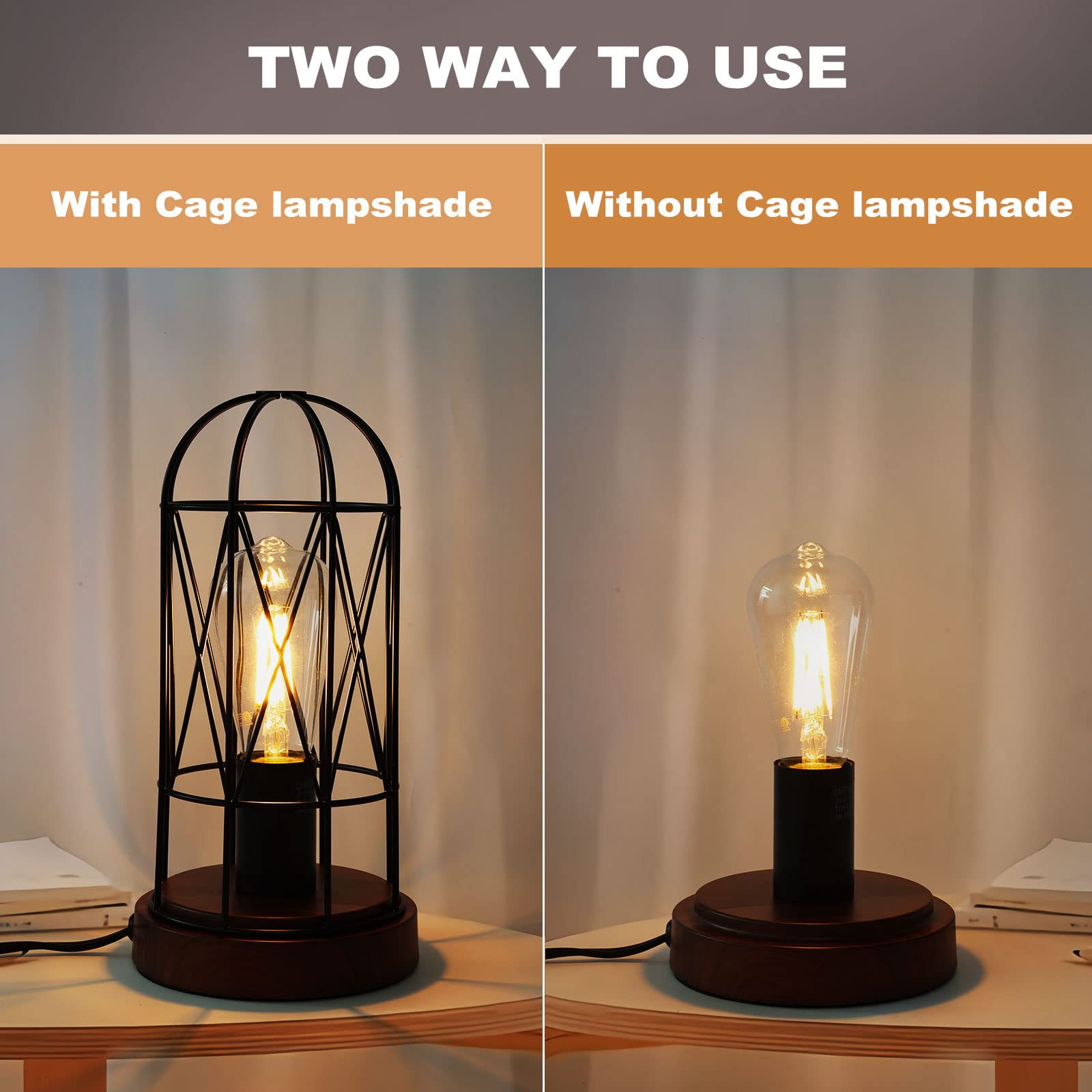 Gyrovu Industrial Table Lamp, Small Touch Control Edison Desk Lamp 3 Way Dimmable Vintage Bedside Lamp With Ac Outlet Metal Cage Steampunk Nightstand Lamp For Living Room, Bedroom Or Den