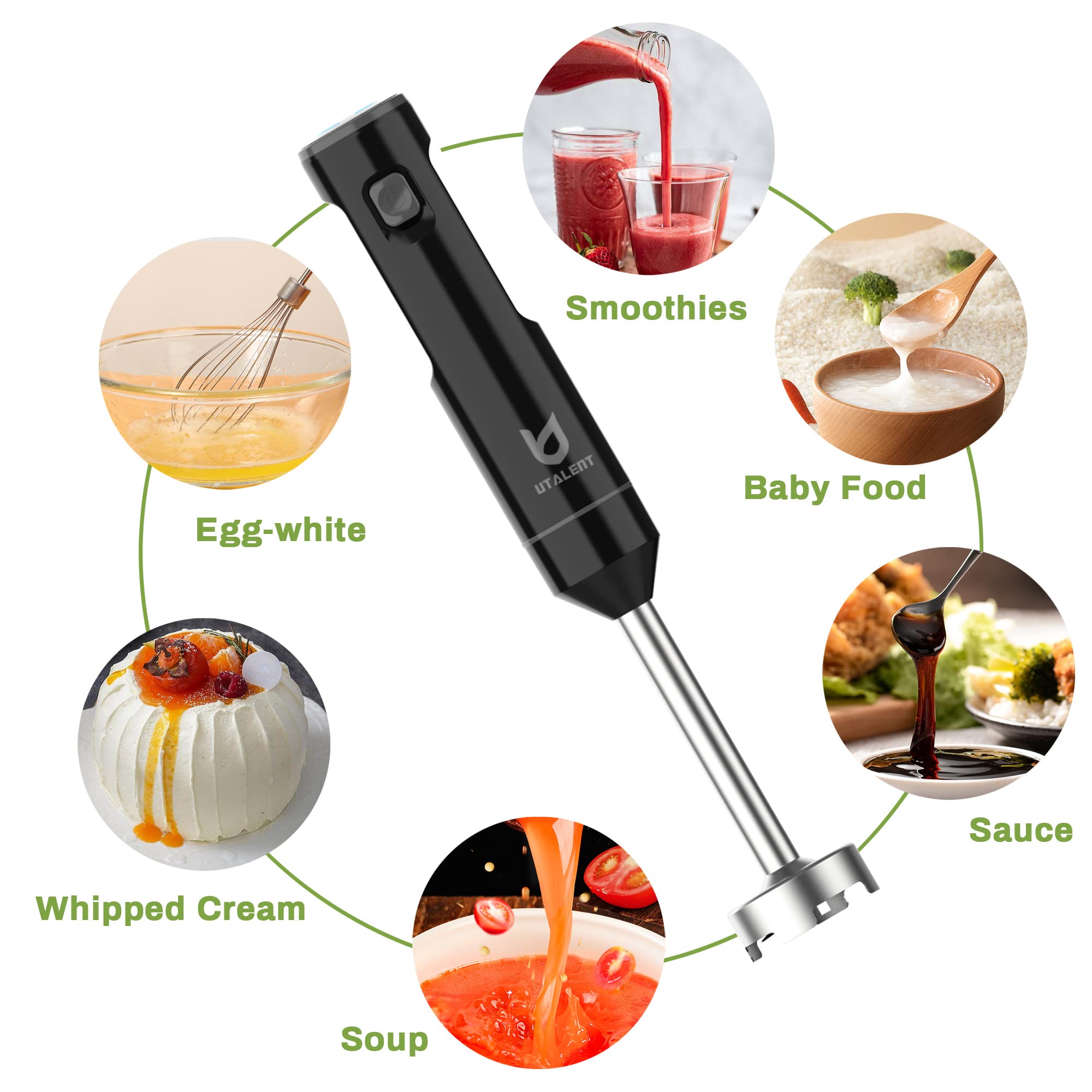 Utalent Cordless Hand Blender, Variable Speed Immersion Blender Handheld Rechargeable, With Usb-C Charging Cable, Egg Whisk, For Smoothies, Milkshakes, Hummus And Soups – Black