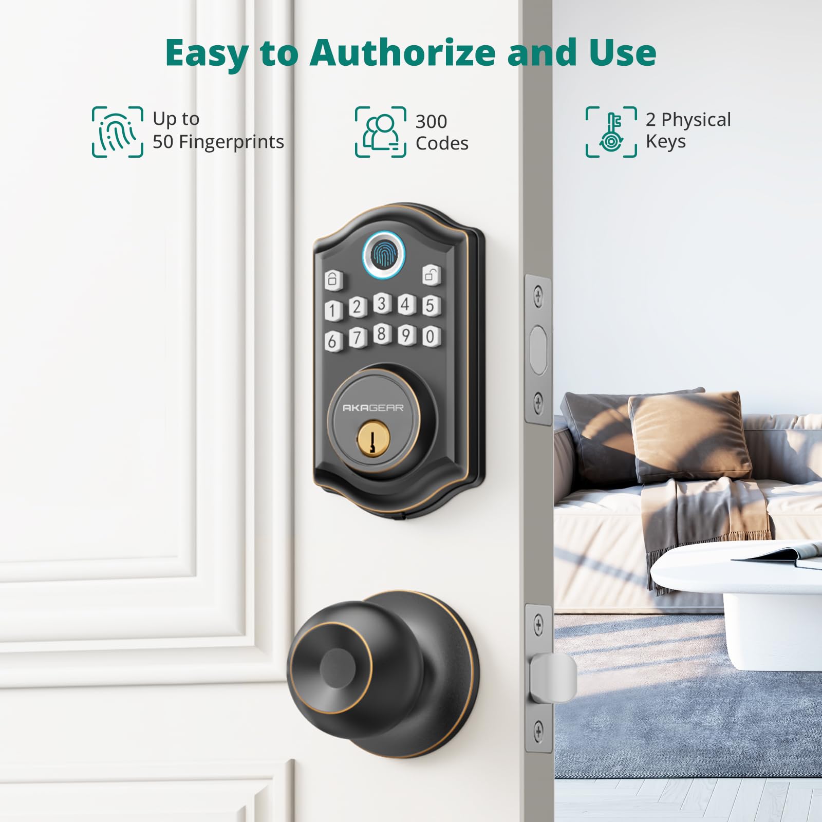 Akagear Keyless Entry Door Lock With Door Knob Handle, Fingerprint Door Locks, Electronic Smart Deadbolt, Keypad Door Lock With Code, Smart Locks For Front Doors, Auto-Lock & One Touch Locking