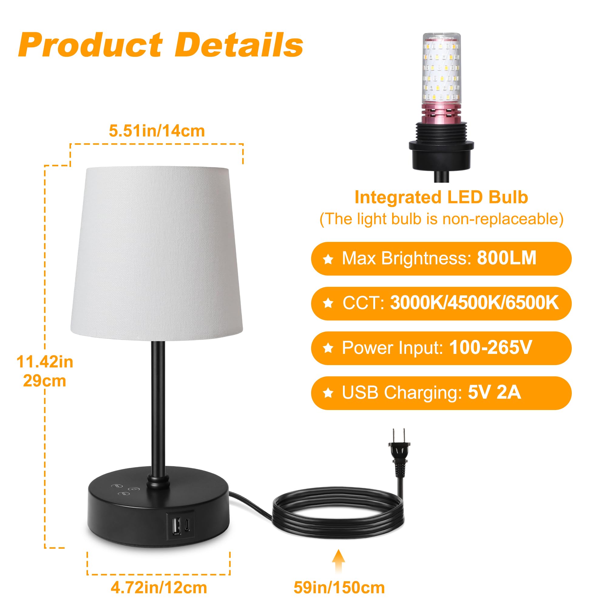 Ascher 1 Pack Small Bedside Table Lamp With 3 Color Temperatures, Dimmable Nightstand Lamps With Dual Usb Ports, Touch Control Rgb Color Desk Lamp For Bedroom Living Room Study Office(White Shade)