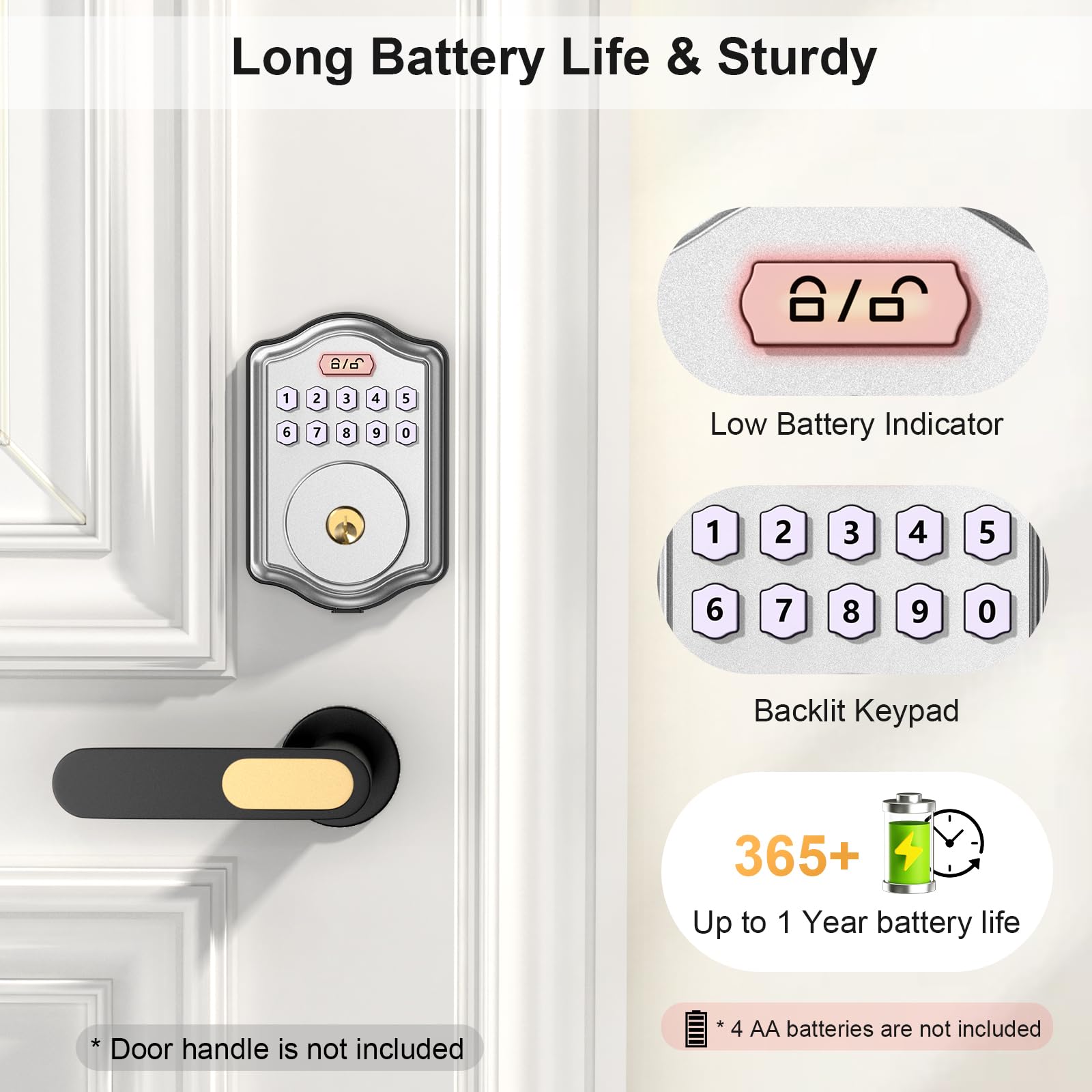 52Hz Keyless Entry Door Lock With Code, Electronic Keypad Deadbolt With 2 Keys, Smart Door Locks For Front Door, Voice Guidance, Anti-Peeping Password, Auto Lock, Easy To Install, Silver