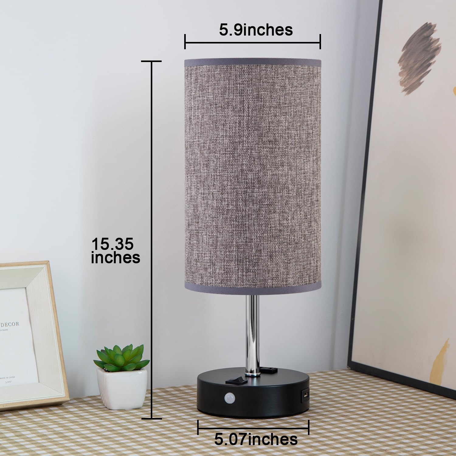 Lifeholder Motion Sensor Usb Lamp With Warm White Bulb, Fabric Shade, Built-In Usb Port & Ac Outlet - Bedside Lamp For Bedroom Or Living Room