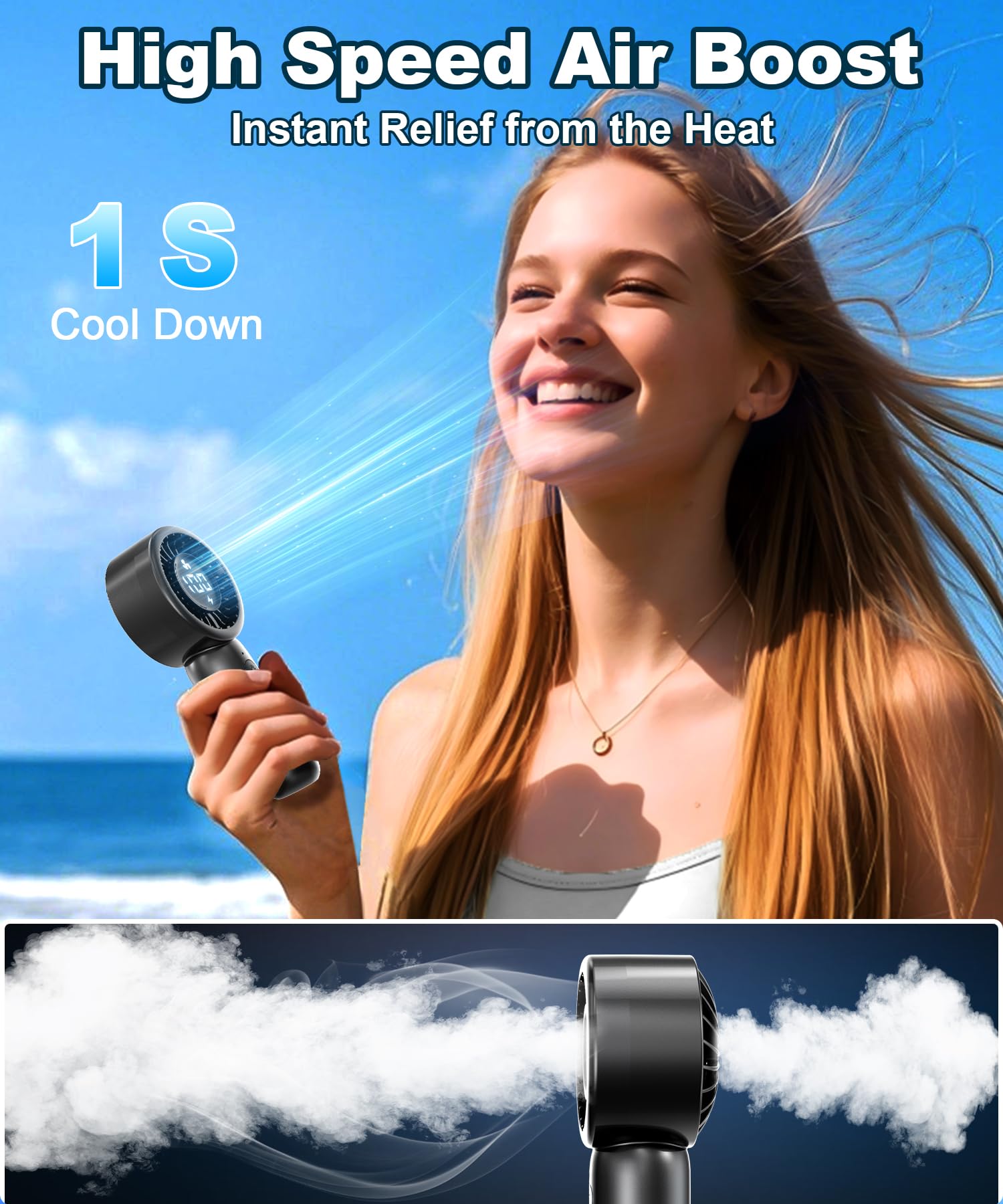 Portable Handheld Turbo Fan With Led Display - Turbocharged 32Ft Cooling, Long-Lasting 5 Speeds 4Oz