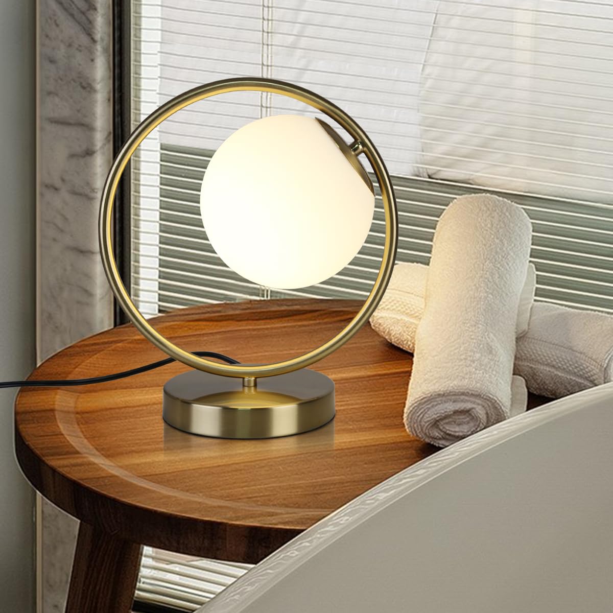 Masivel Globe Table Lamp, Mid Century Modern Lamp For Nightstand, Unique Sphere Table Lamps For Bedroom Bedside Living Room Office Nightstand, E26 Dimmable Switch, Brass