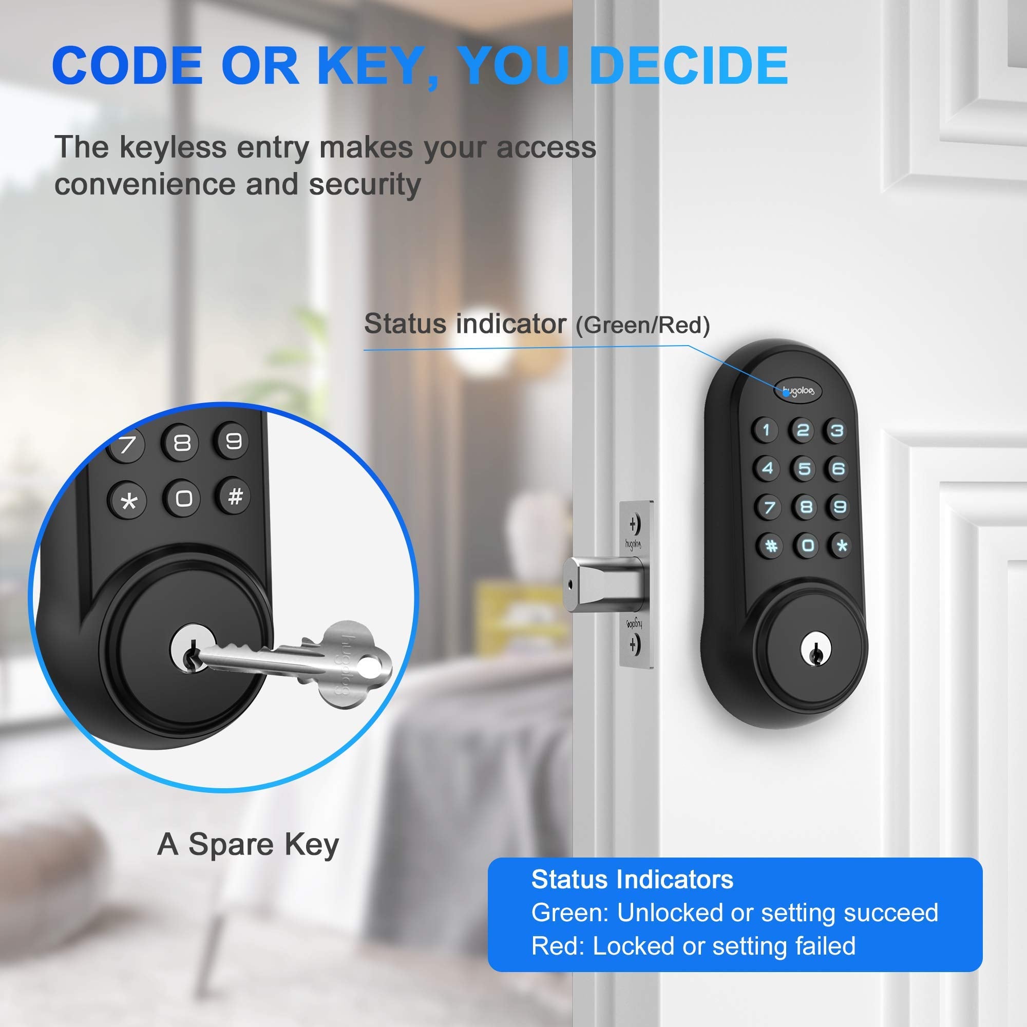 Hugolog Deadbolt Lock Electronic,Keypad Keyless Entry Door Lock Motorized Auto-Locking Easy To Install High Security Material For Metal Home & Office Black