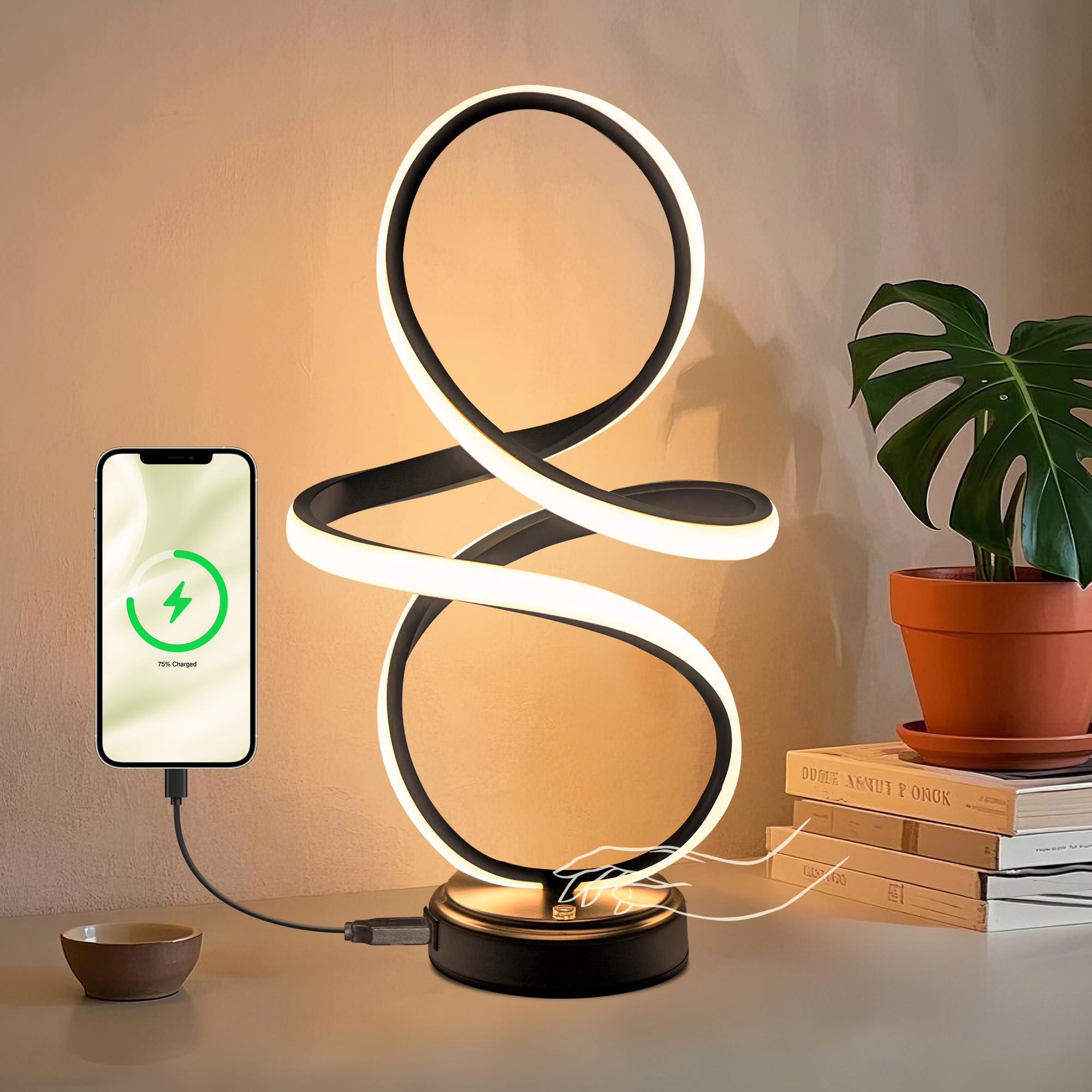 Mayful Modern Led Spiral Table Lamp,Black Touch Control Bedside Lamp With Usb Charging Ports,Contemporary Stepless Dimmable Nightstand Lamp For Bedroom Living Room Home Office,12W, 3200K Warm White