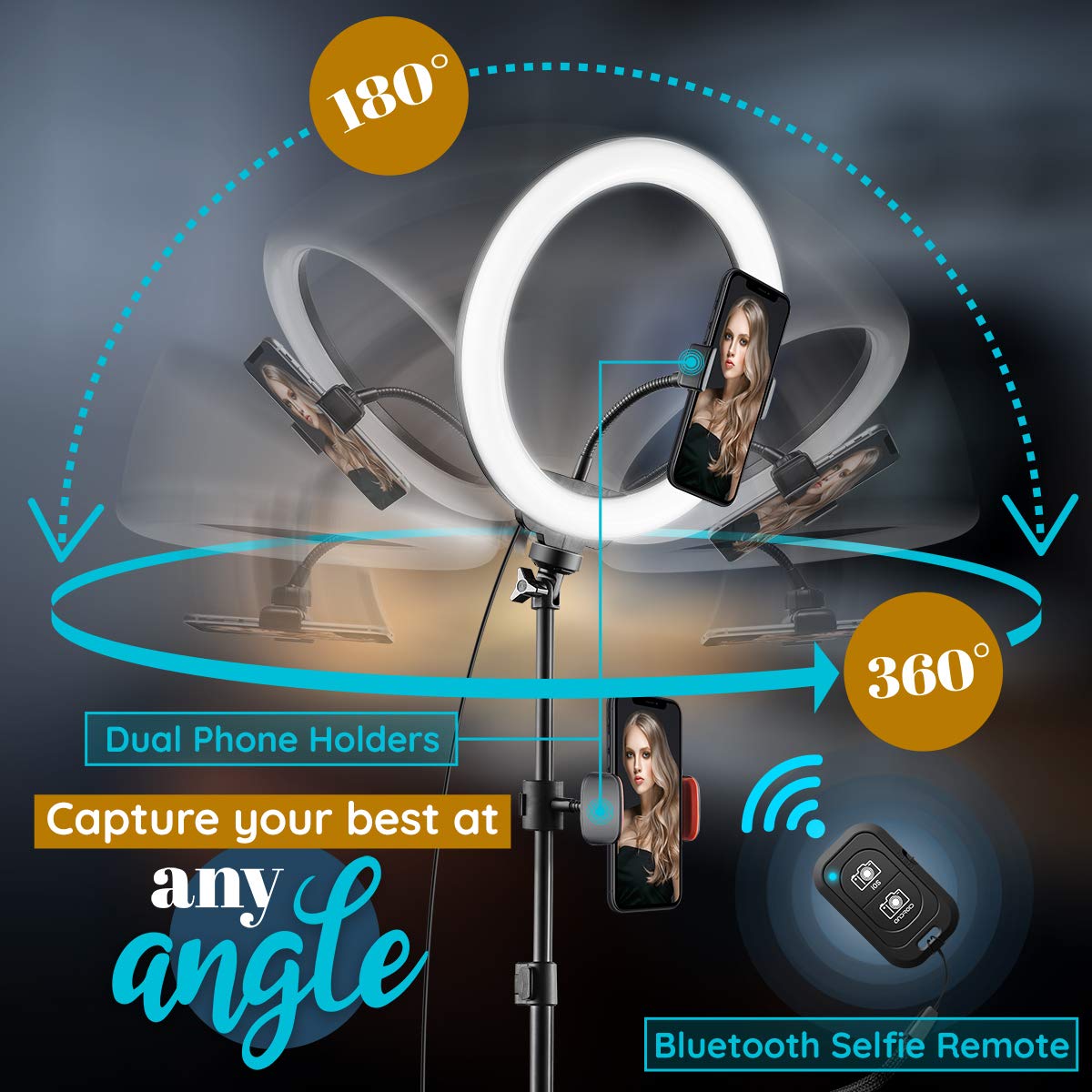 Gearlight 10" Ring Light Tripod With Leds, Dual Phone Holders - For Makeup, Photography, Room Décor