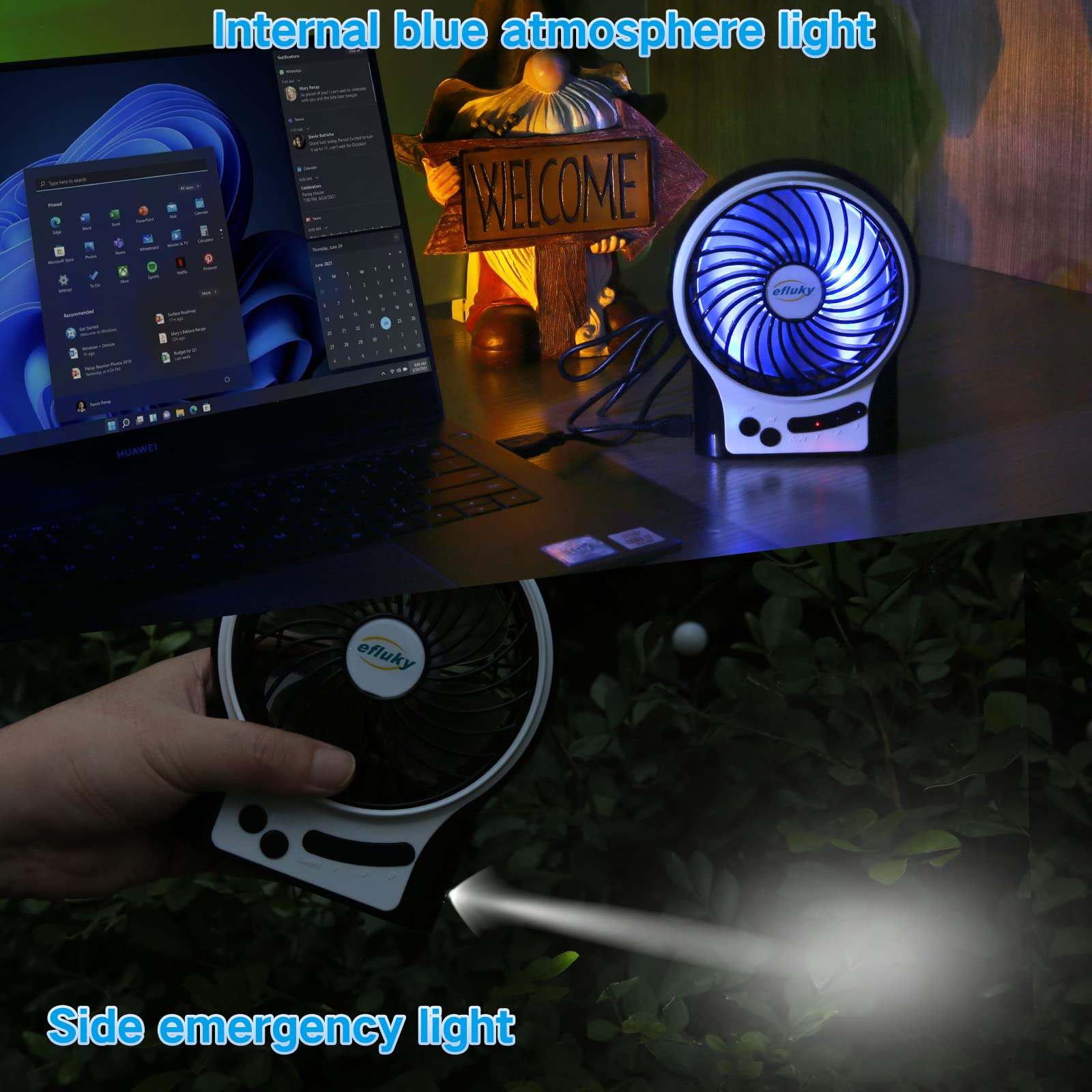 Efluky 3 Speeds Mini Desk Fan, Rechargeable Battery Operated Fan With Led Light And 2200Mah Battery