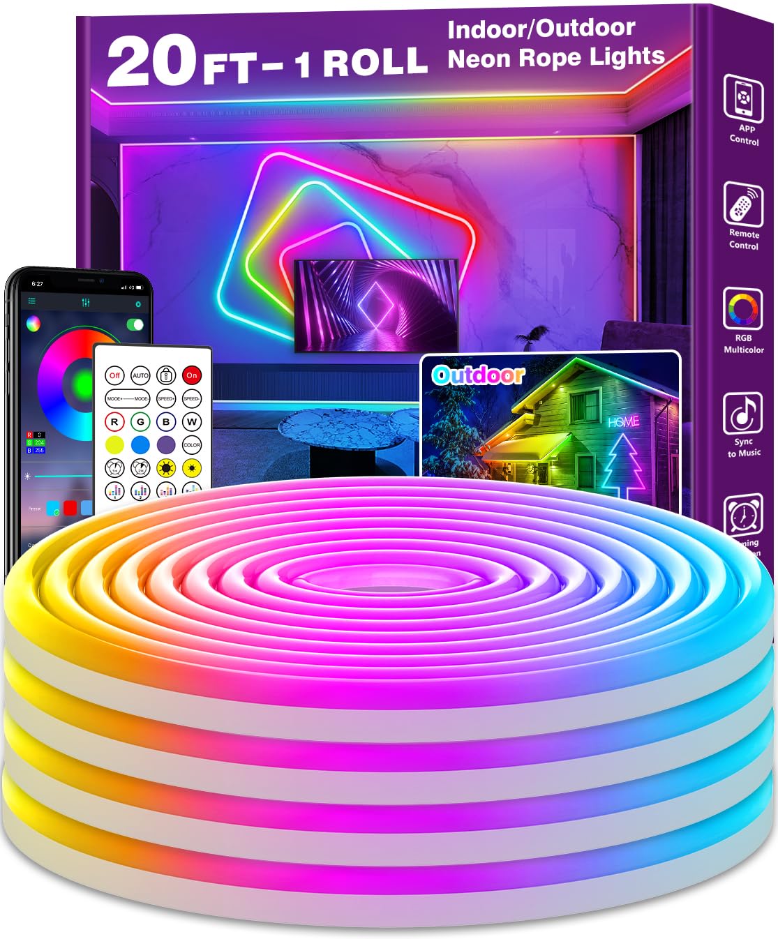 Ailbton 20Ft Neon Rope Lights,Flexible Led Rope Lights Control With App/Remote,Multiple Modes Rope Lights,Ip65 Outdoor Rgb Led Neon Lights Waterproof,Music Sync Gaming Led Neons Light Strip For Bedroom Decor