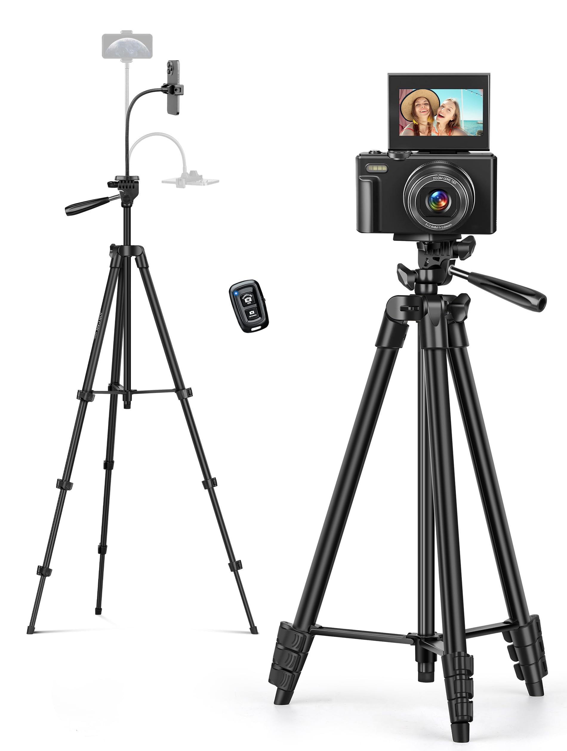 Joilcan 82” Cell Phone Camera Tripod With Flexible Gooseneck Remote Phone Holder, Travel Tripod For Video Recording Vlog Photo, Lightweight Aluminum Phone Tripods