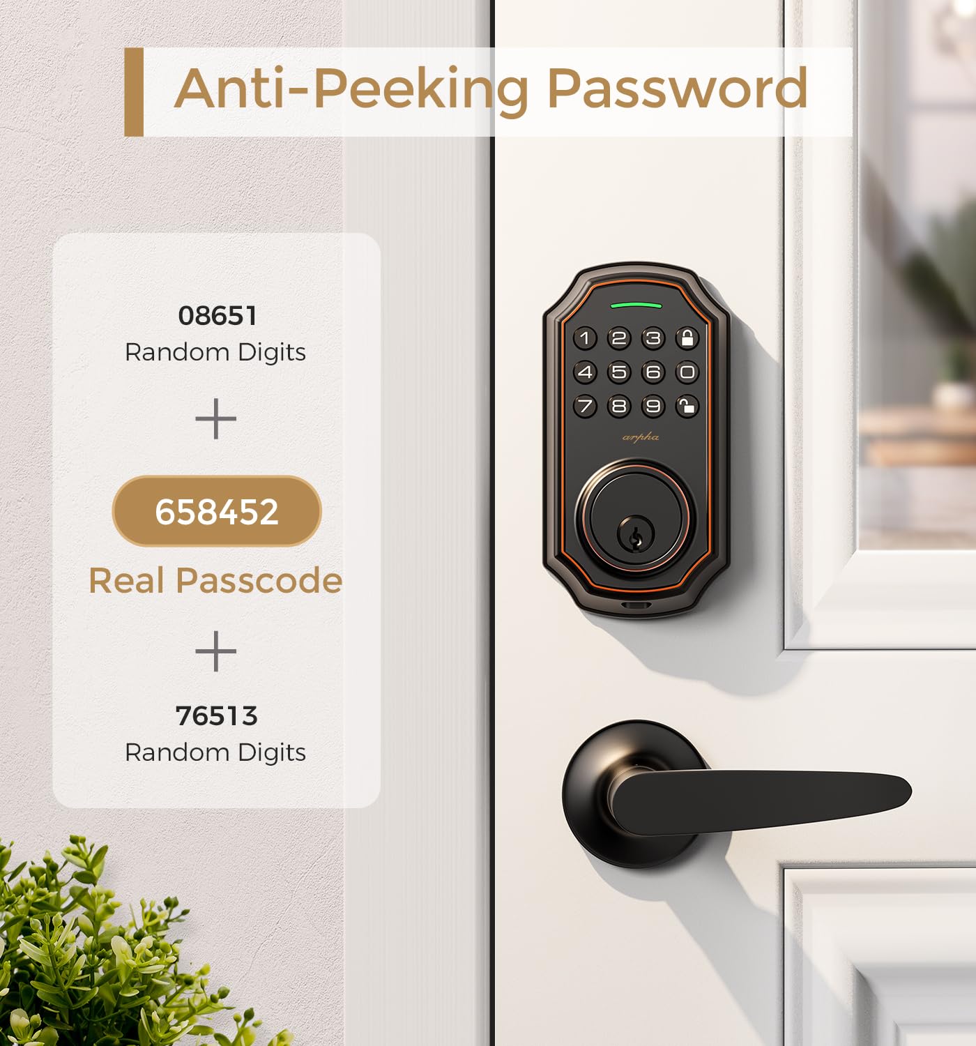 Arpha Keyless Entry Door Lock With 2 Handle Set - Bluetooth Smart Lock - Electrionic Keypad Door Lock With Handle - App Control Front Door Lock Set - Anti Peeping Password - Auto Lock