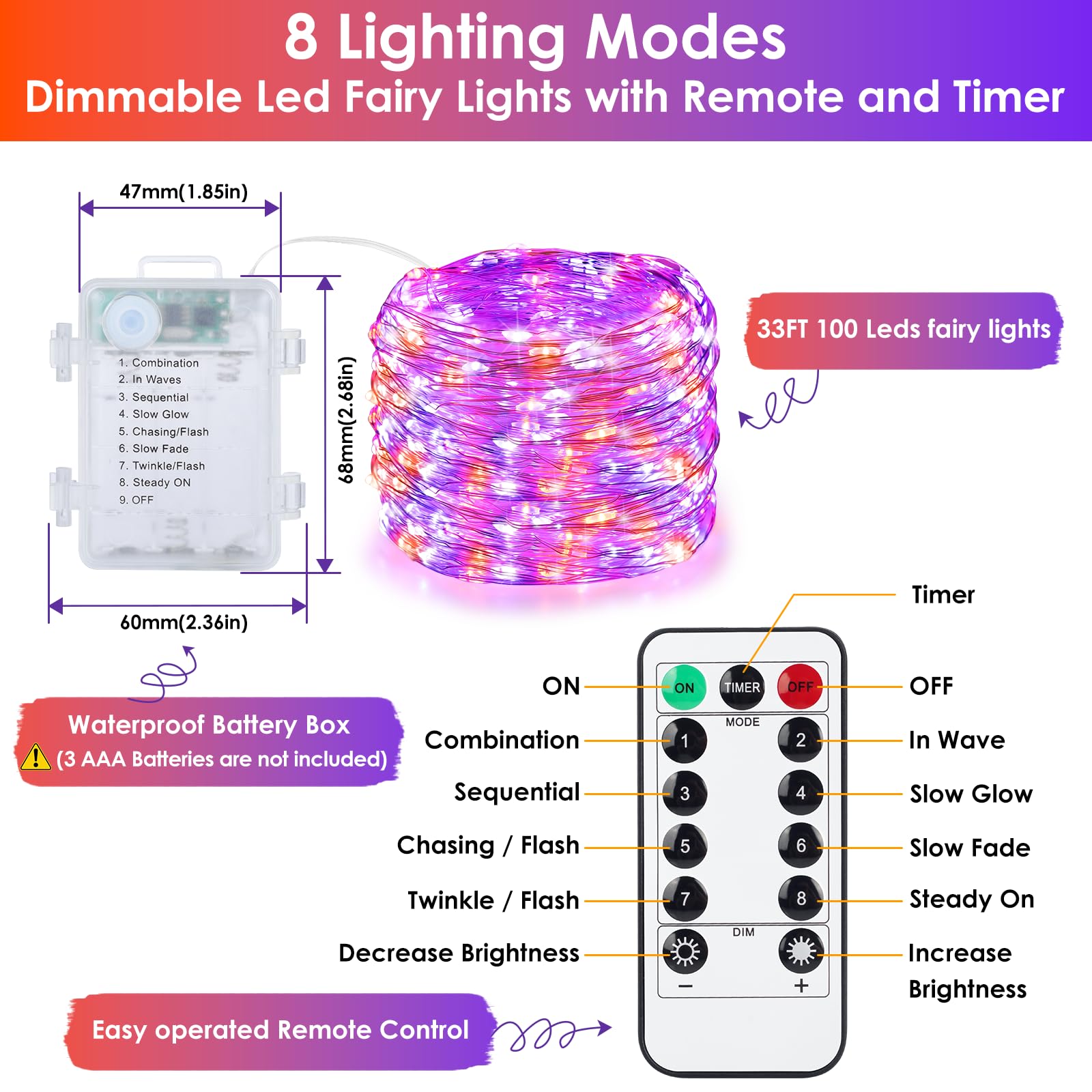 Mlambert 3 Pack 33Ft Fairy Lights Battery Operated With Remote And Timer, Dimmable Waterproof 8 Modes Lights For Indoor Outdoor Party-Orange/Purple