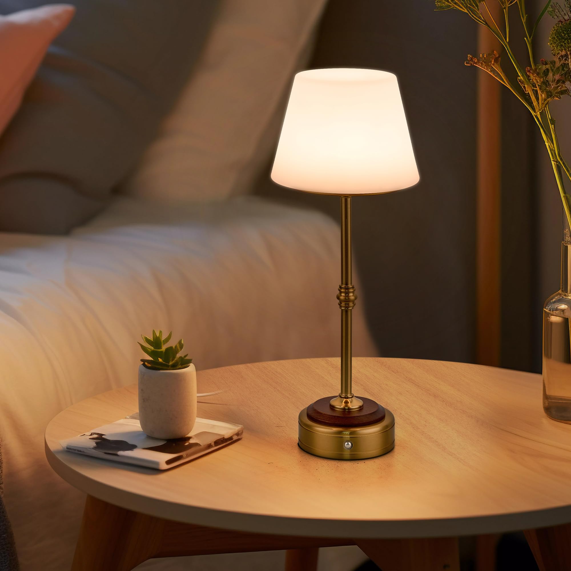 Hanass Cordless Led Table Lamp, Dimmable Bedside Lamp With Solid Wood Base Built-In Rechargeable Battery, Patio Wireless Table Lamp, Bedside Night Lamp For Restaurant, Antique Brass, Mt2316