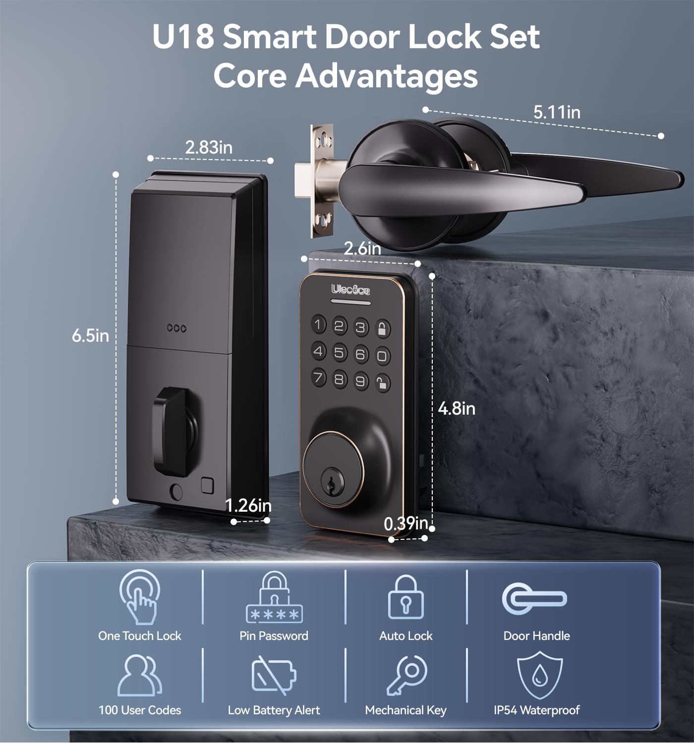 Ulecoce Keyless Entry Door Lock Deadbolt With Handle Set, Keypad Door Lock With Handle Smart Door Locks For Front Door With Set Code With Easy Installation, Auto Lock, (Oil Rubbed Bronze)