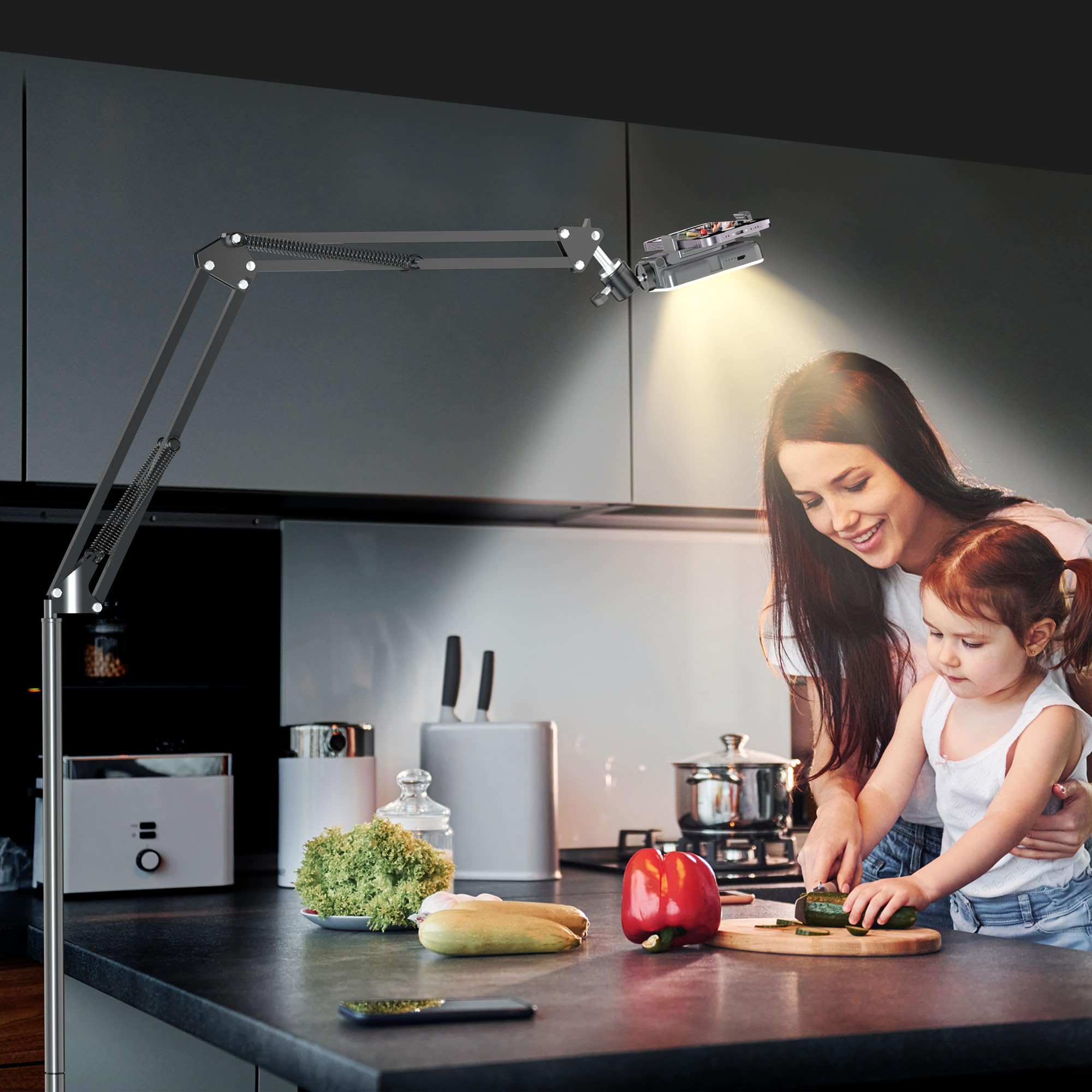 Mionondi Overhead Phone Tripod For Cooking Videos With Rechargeable Light, Move Around Floor Phone Stand With Ring Light Content Creator Video Recording Selfie Photography Tiktok Youtube Compatible With Iphone