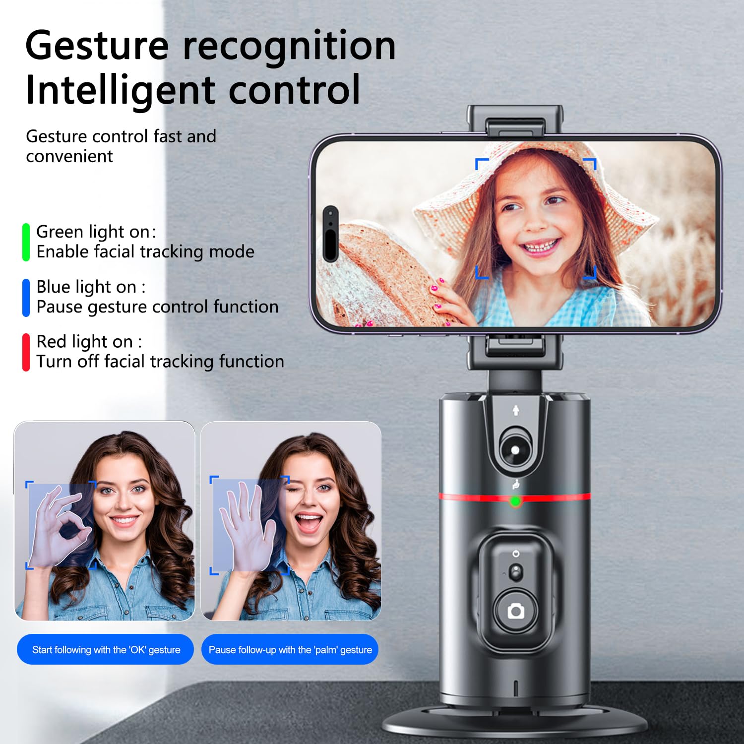 Korecase Auto Face Tracking Separate Phone Holder,360°Smart Rotation Shooting Foldable Tripod Phone Mount Gesture Control With Detachable Remote For Live Video,No App,Black