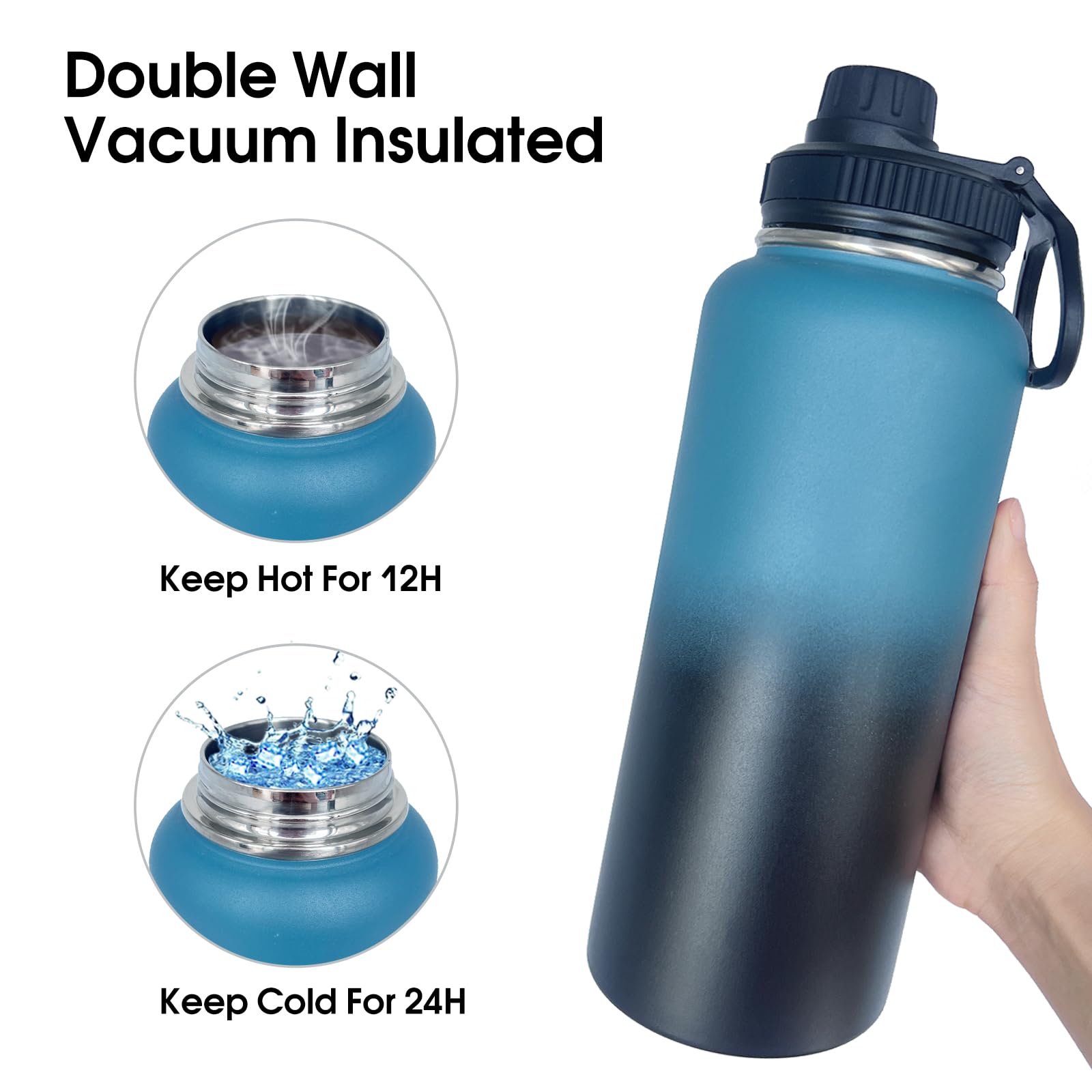 1Pack 32 Oz Insulated Water Bottle With Straw, Stainless Steel Sports Water Cup Flask With 2 Lids